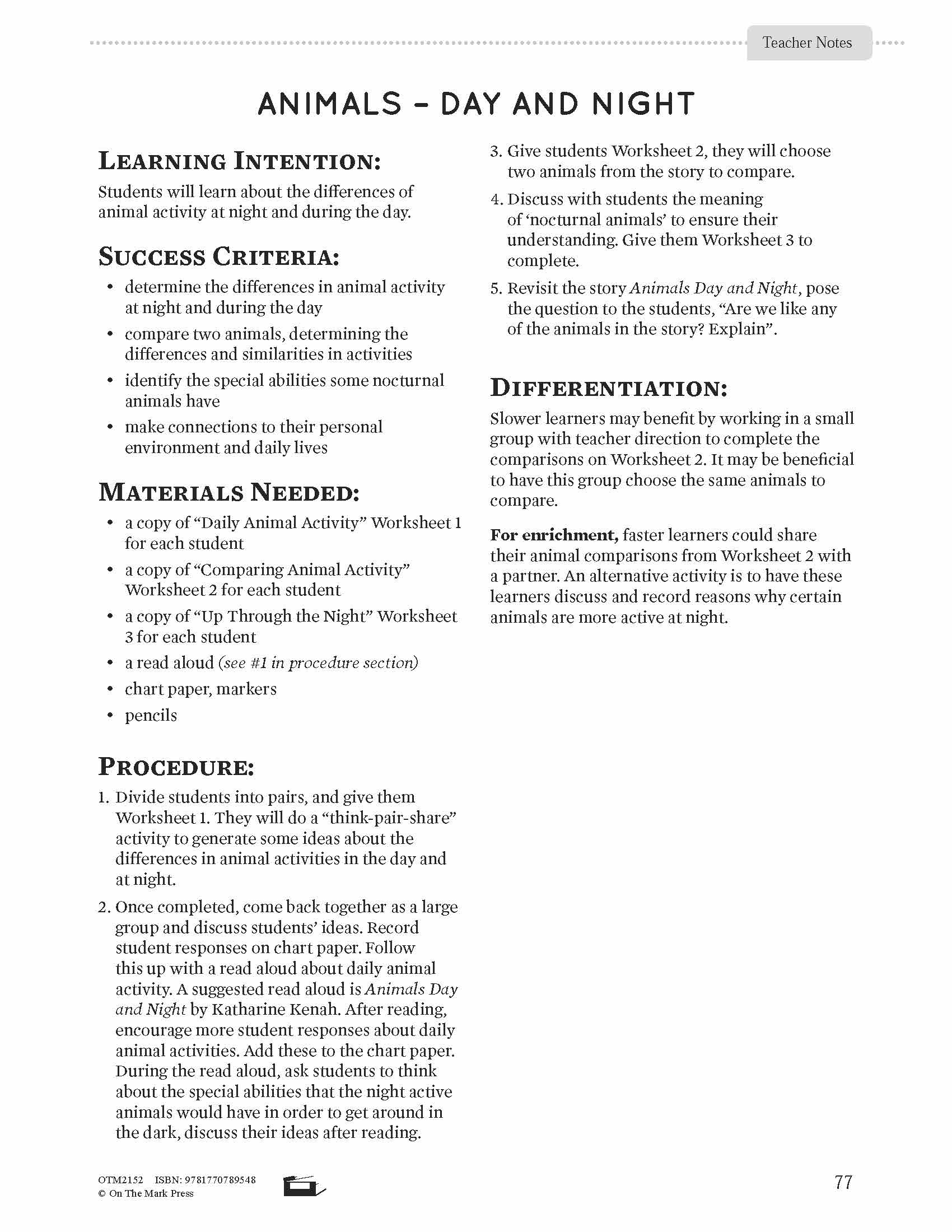 Animals - Day and Night Lesson Plan and Student Worksheets Grade 1