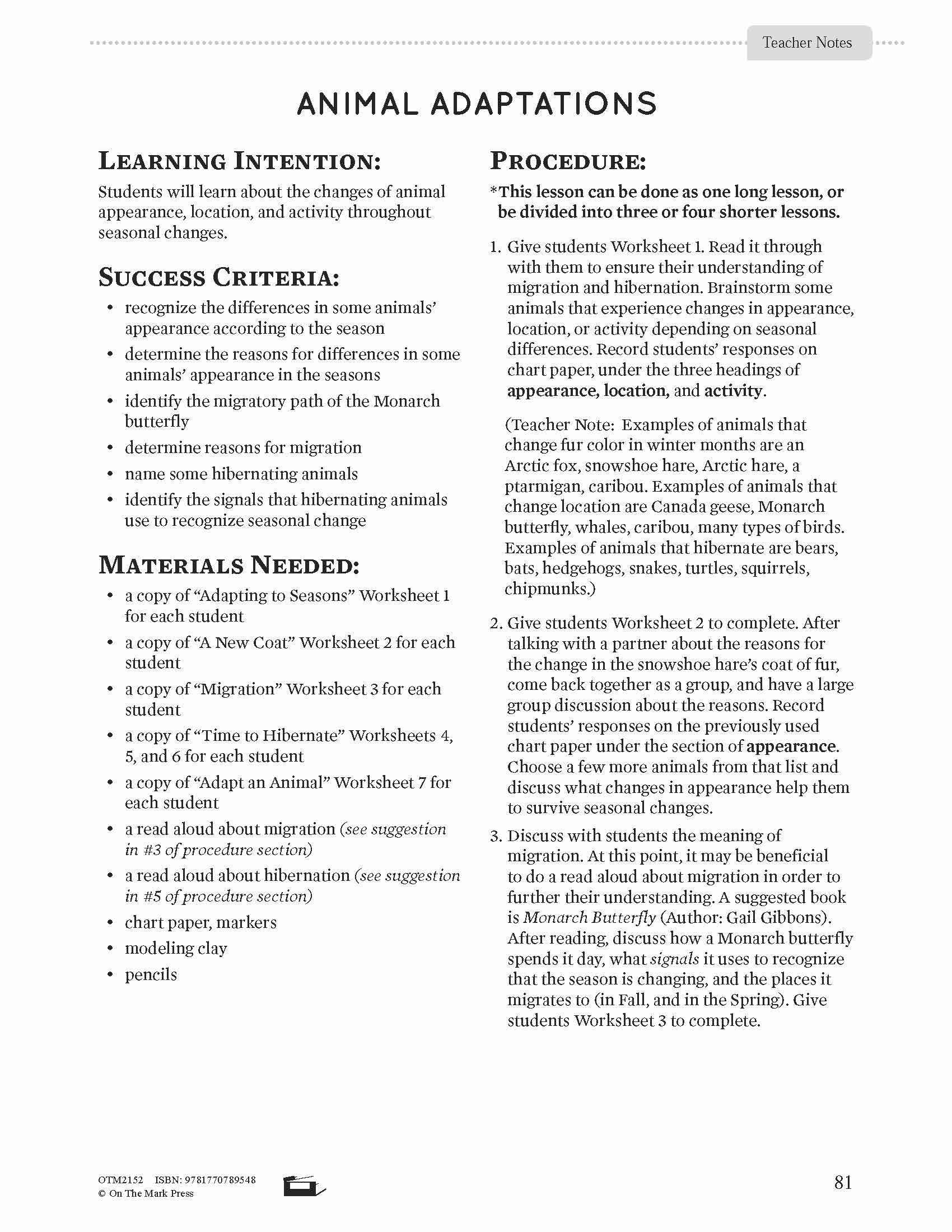 Animal Adaptations Lesson Plan Grade 1