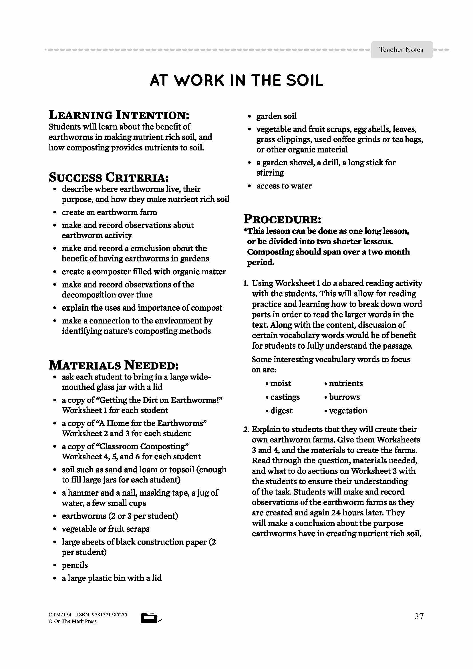 At Work in the Soil Lesson Plan Grade 3