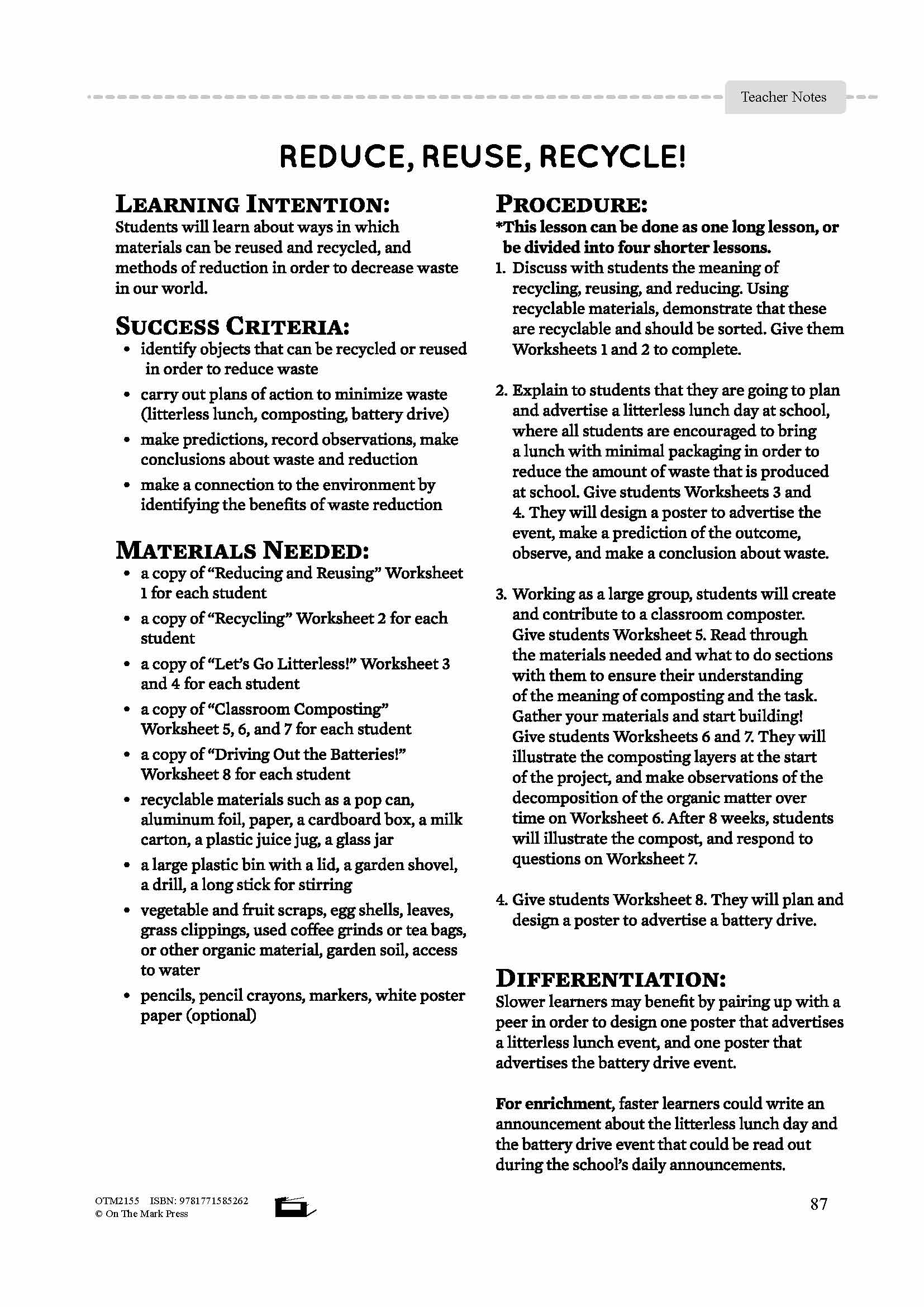 Reduce, Reuse, Recycle!  Grade 4 Lesson Plan