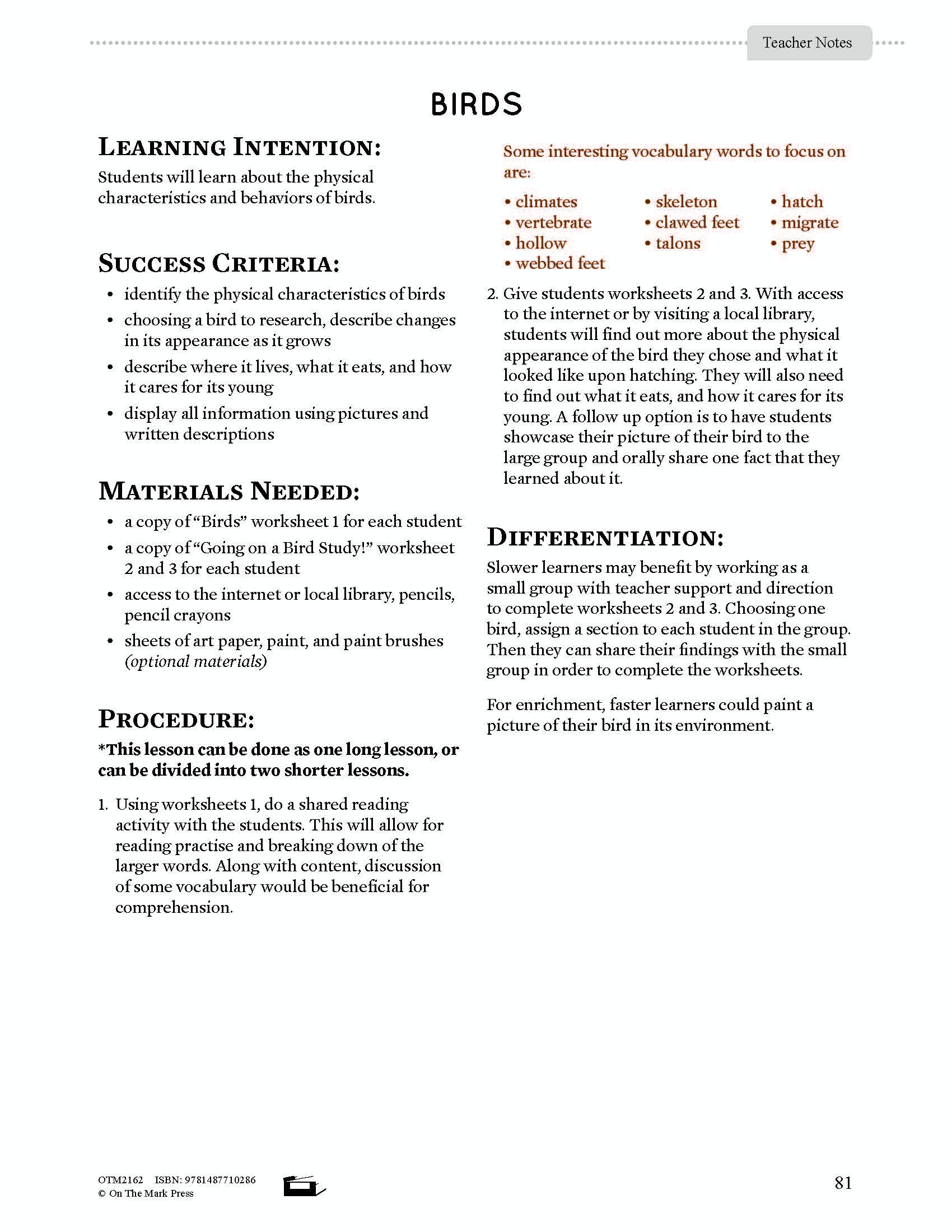 Birds Lesson Plan and Activities Grade 3
