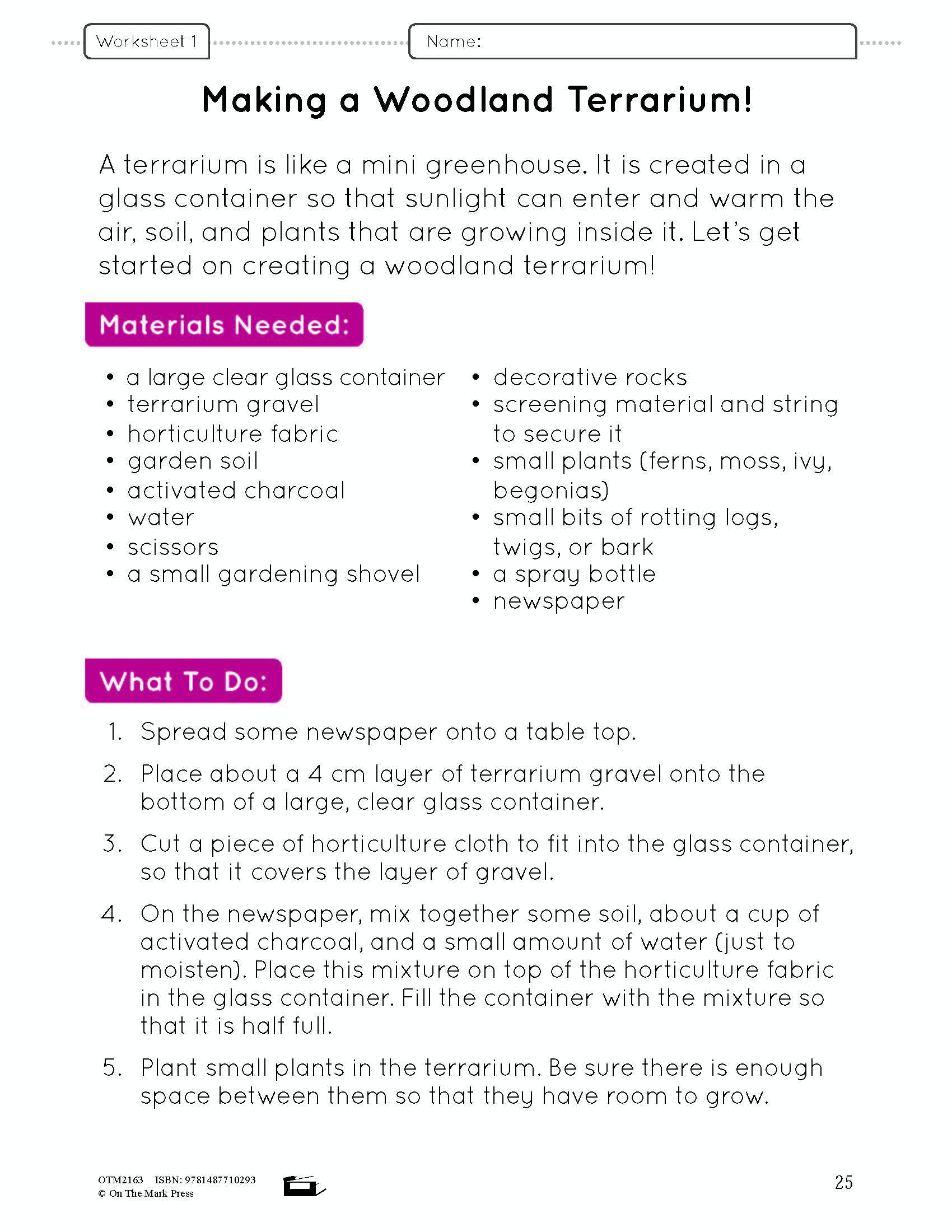 A Habitat Creation - creating a woodland terrarium lesson and worksheets Grade 4