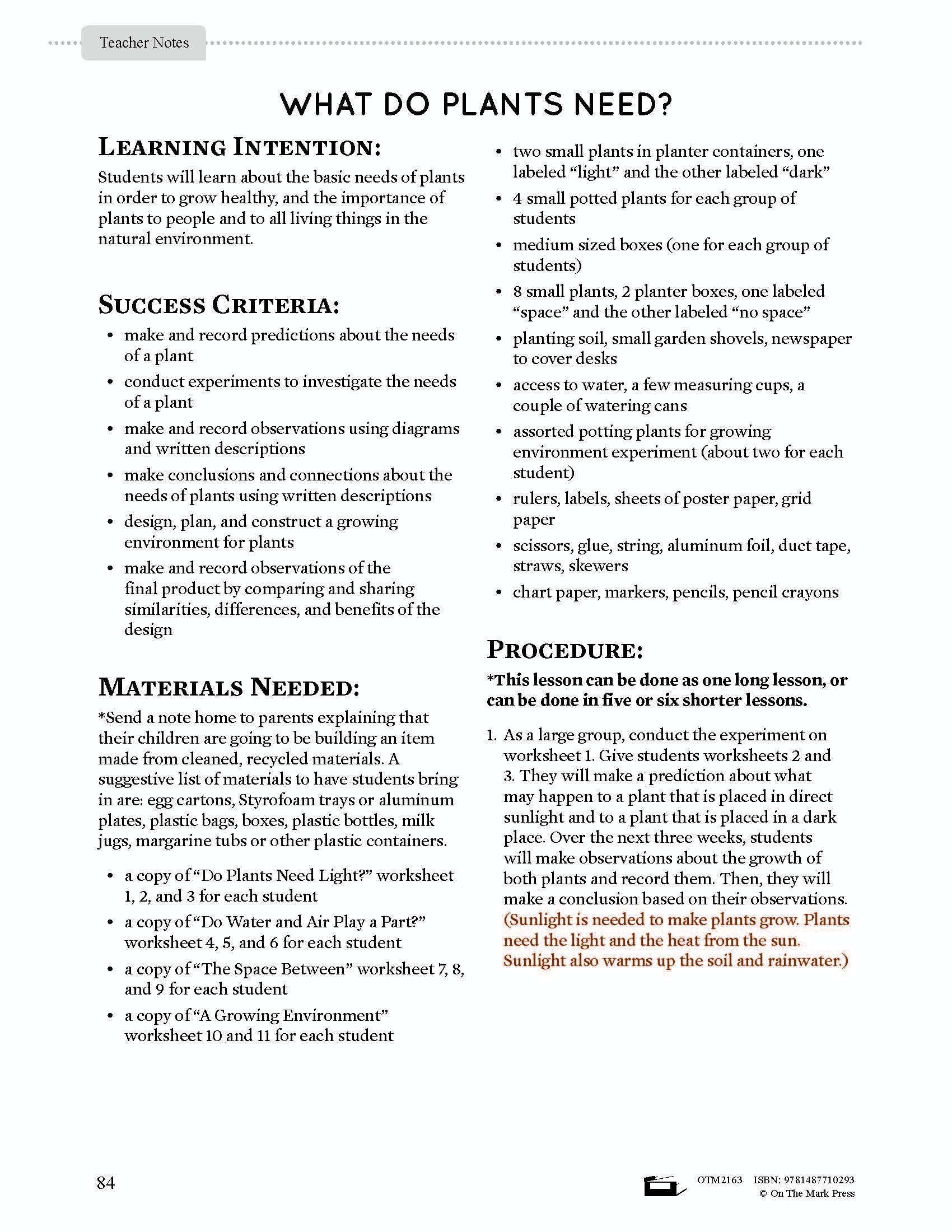 What do Plants Need? Grade 4 (eLesson Plan)