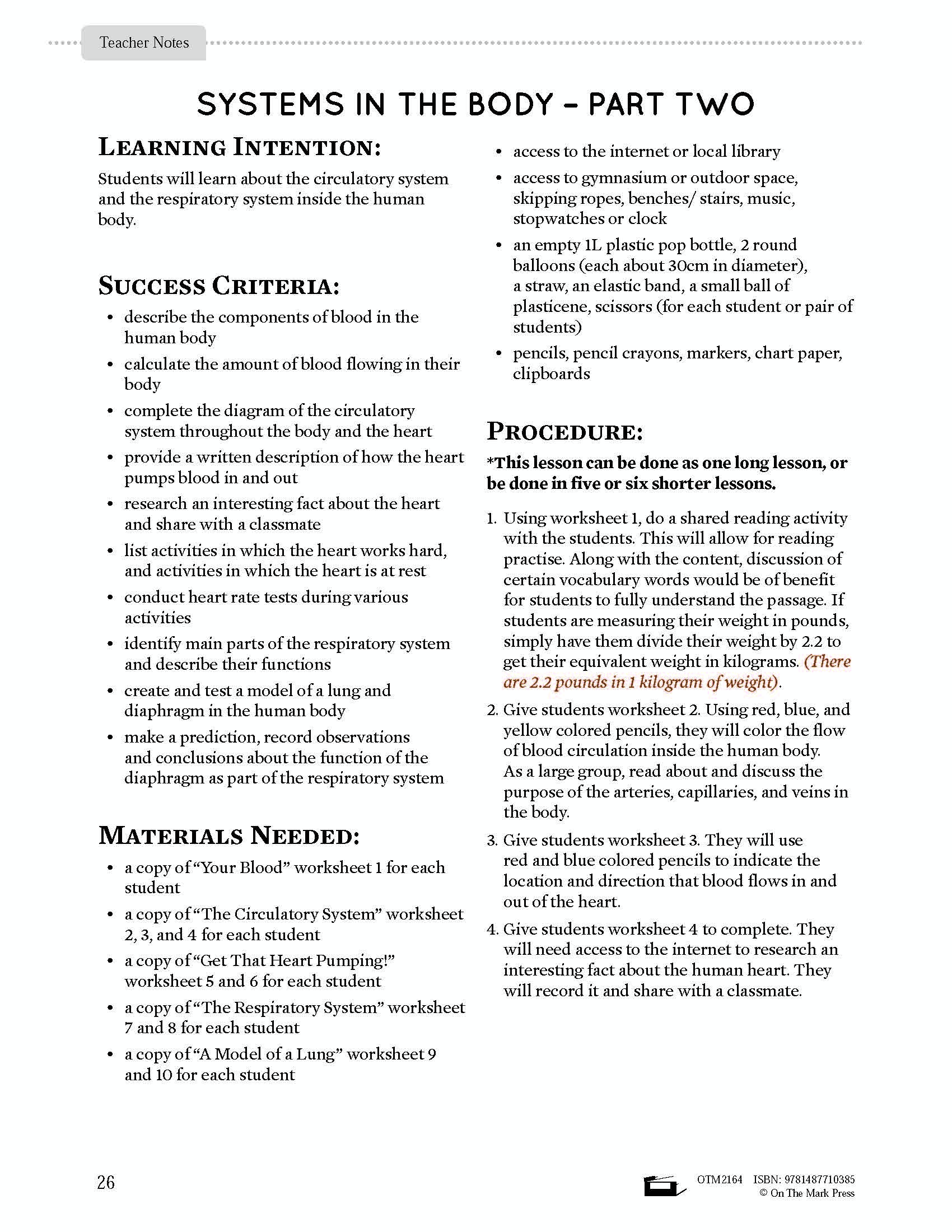 Systems in the Body e-Lesson Plan Grade 5