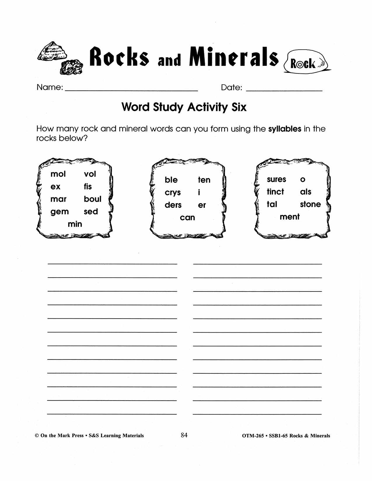 Rocks & Soils Word Study Activities Gr. 2-3