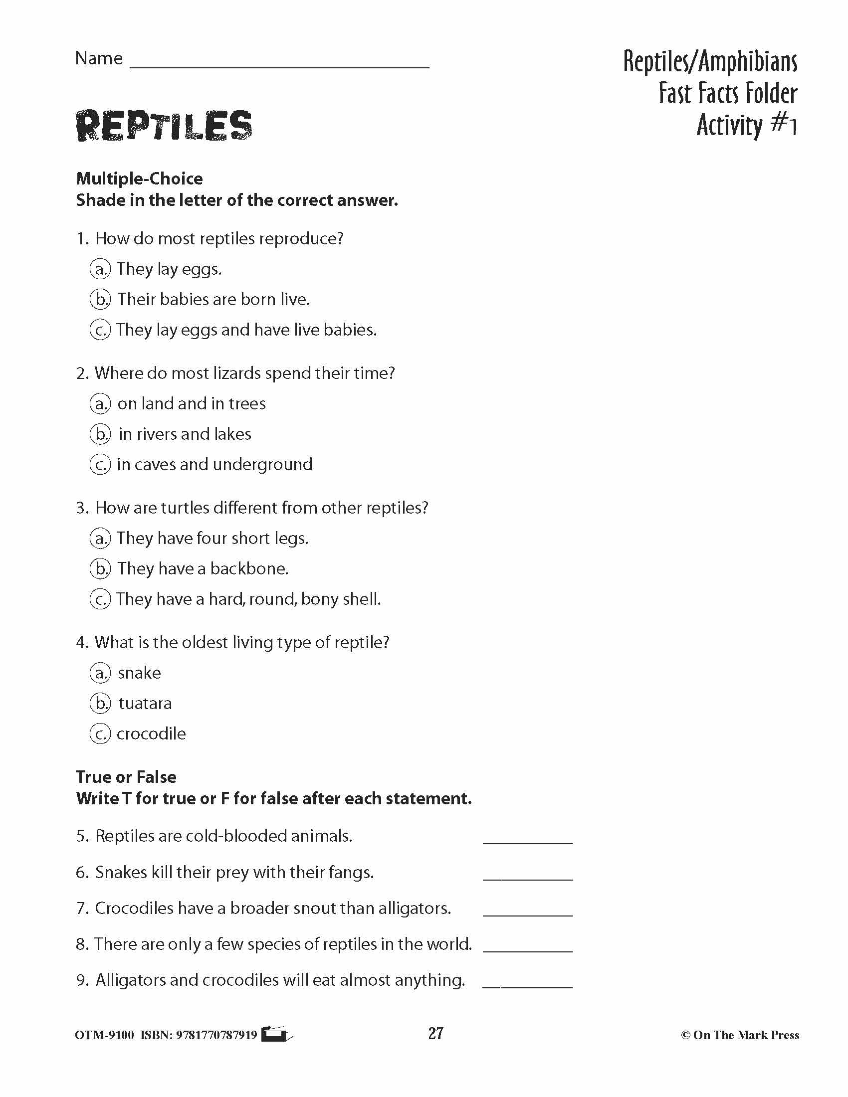 Reptiles Activities & Fast Fact Reading Folder Grades 3+