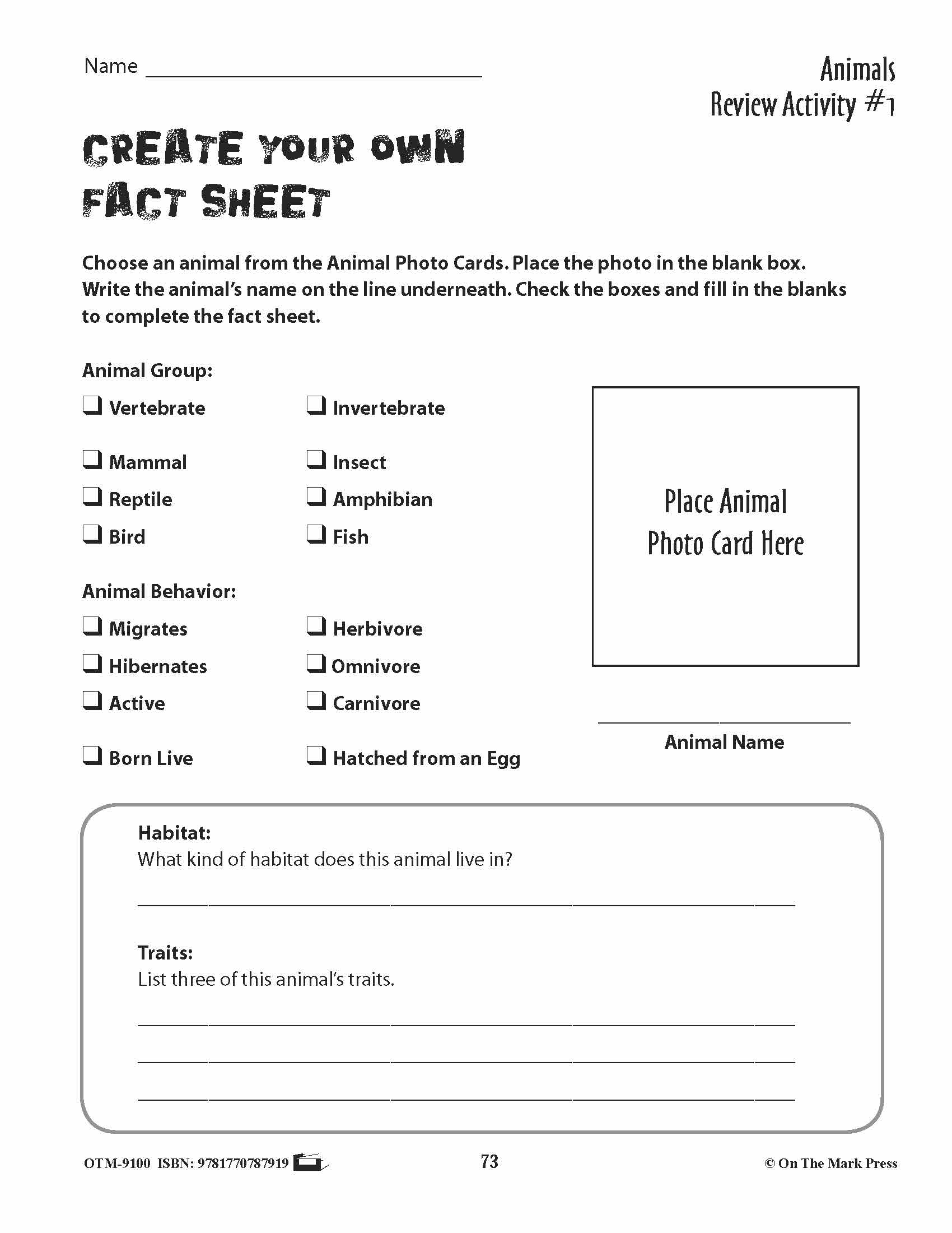 Animal Review Activities Grades 3+