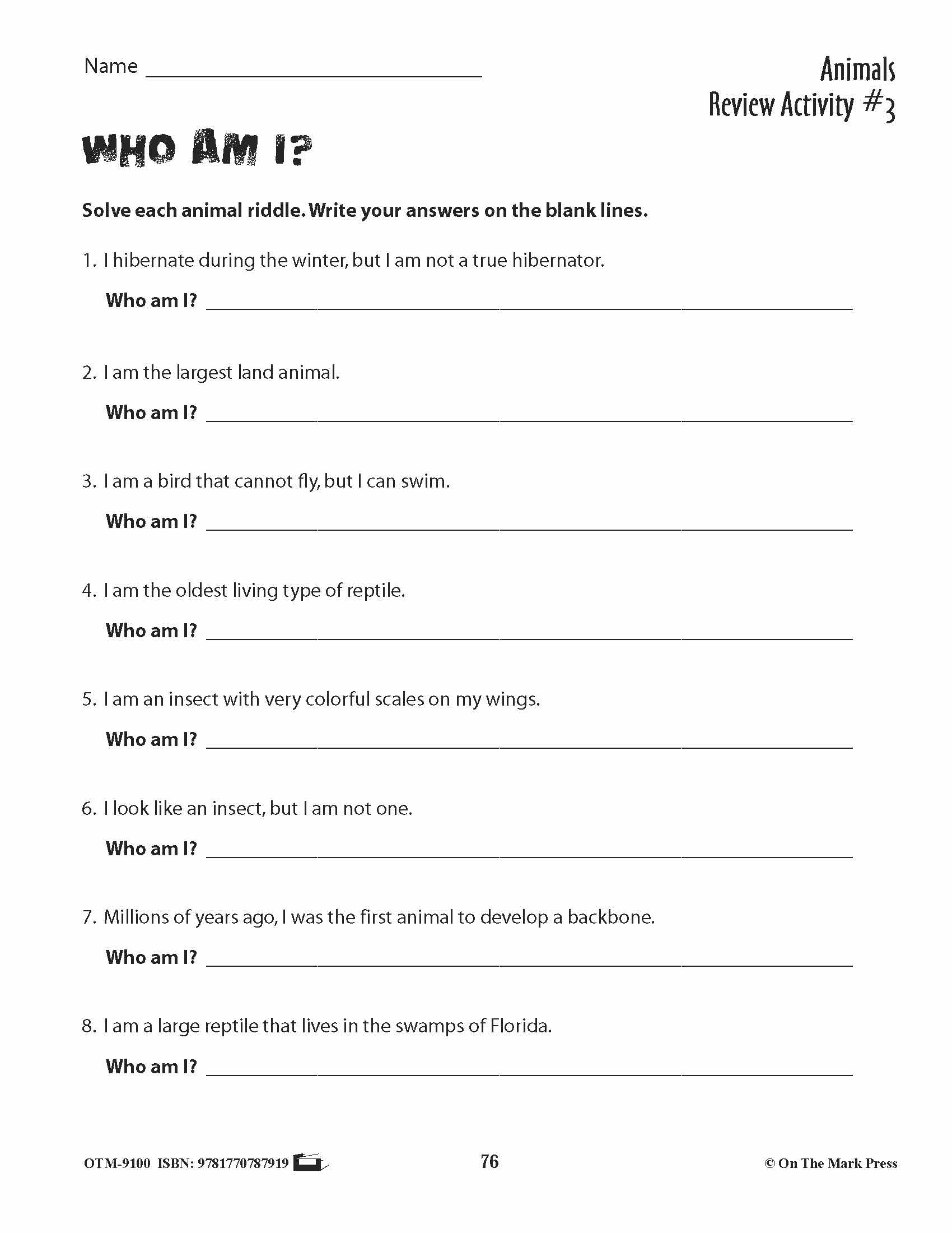 Animal Review Activities Grades 3+