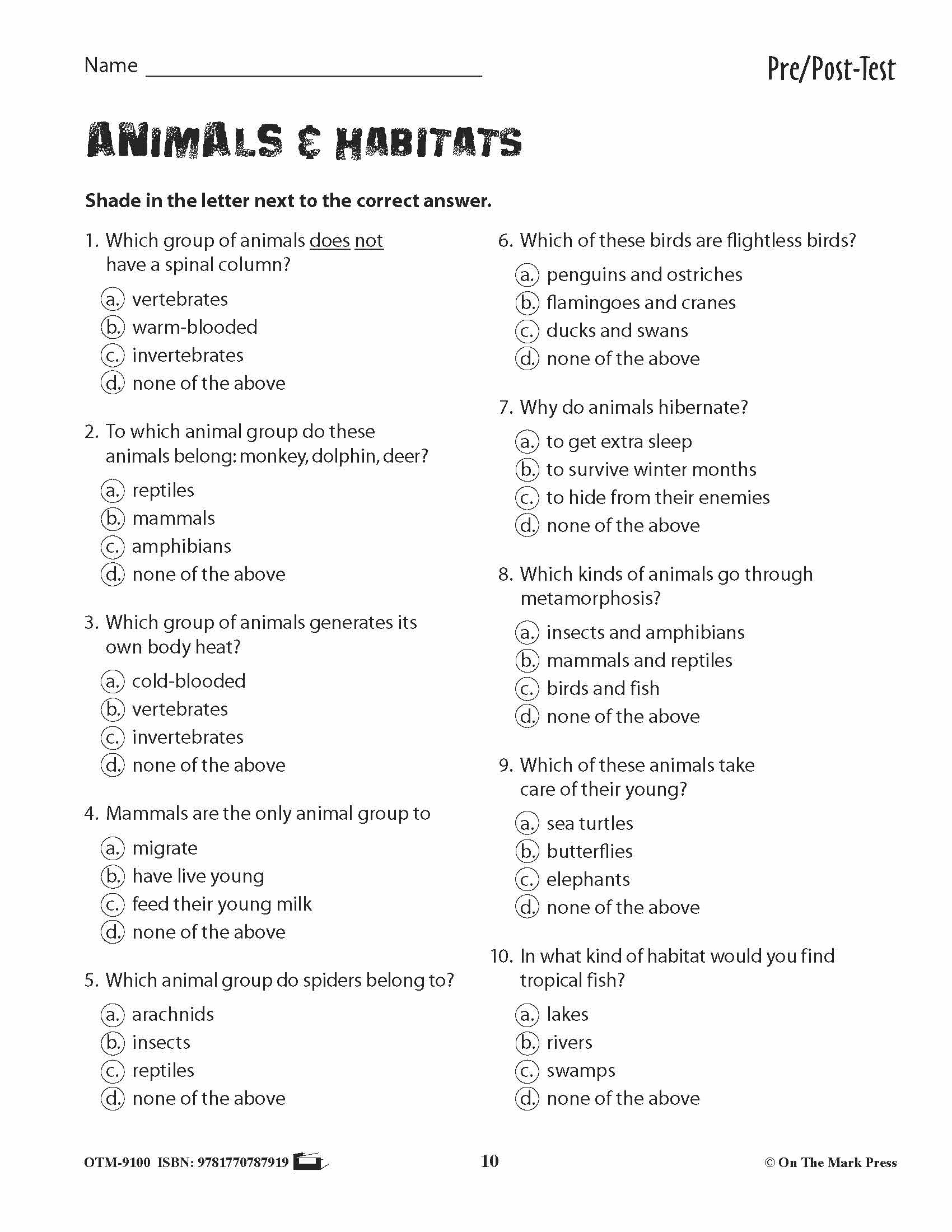 Animals & Habitats Vocabulary & Pre/Post-Test Grades 3+