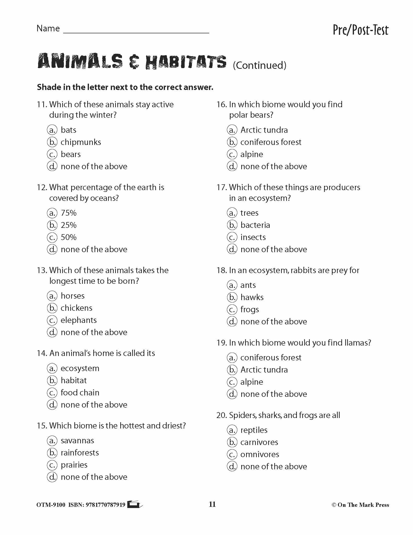Animals & Habitats Vocabulary & Pre/Post-Test Grades 3+