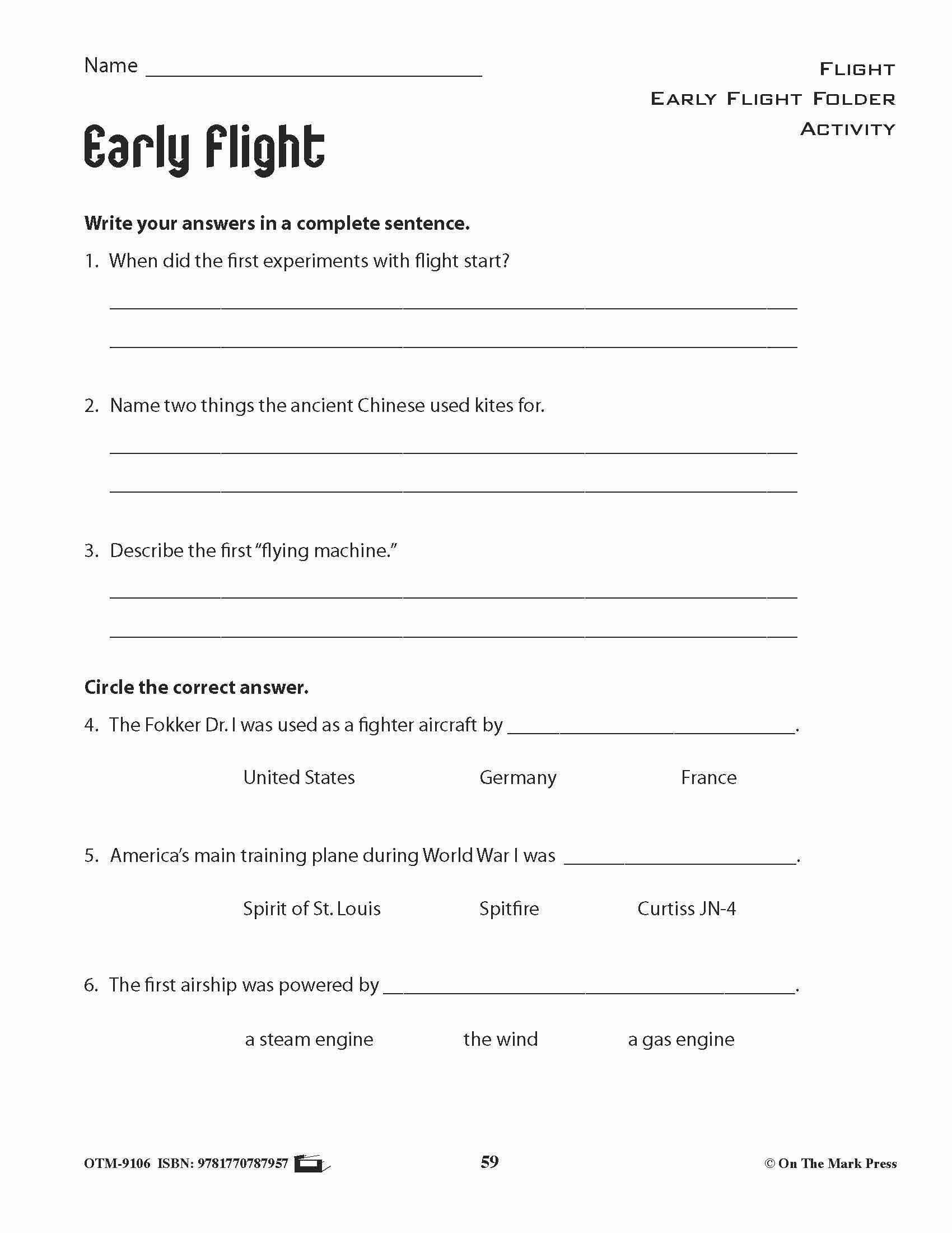 Early Flight Activities & Fast Fact Reading Folder Grades 4+