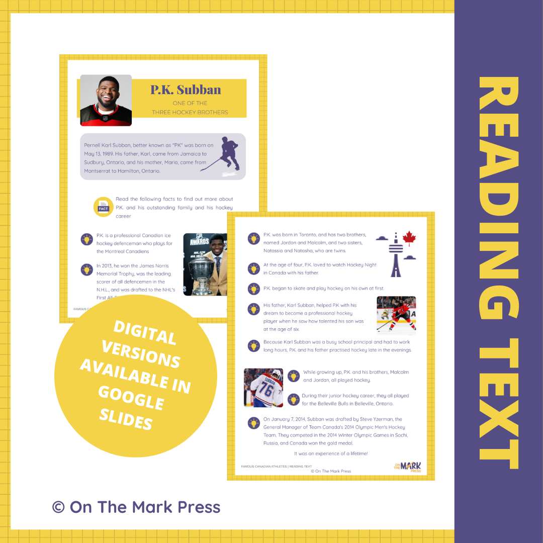 P.K. Subban  Gr. 3-4 Reading Lesson - Google Slides & Printables