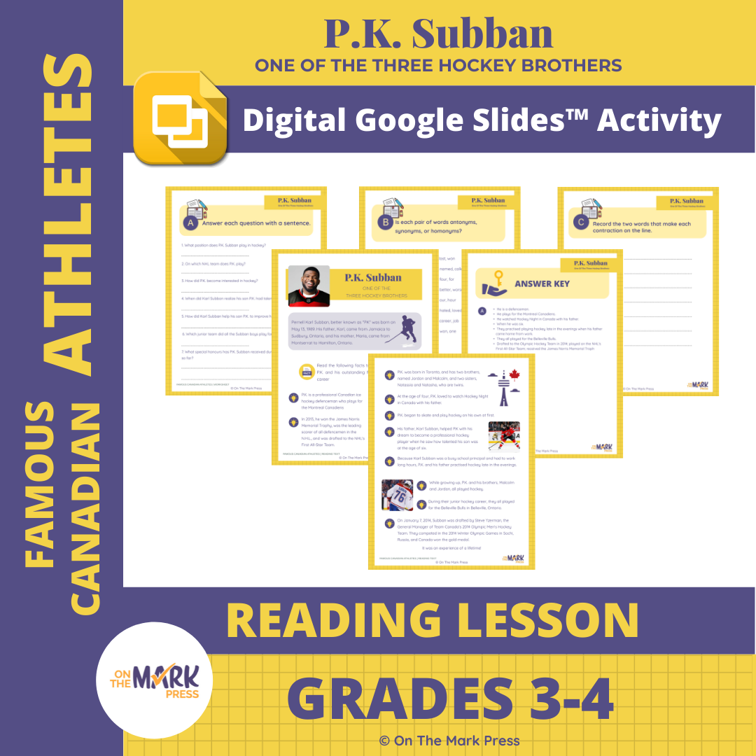 P.K. Subban  Gr. 3-4 Reading Lesson - Google Slides & Printables