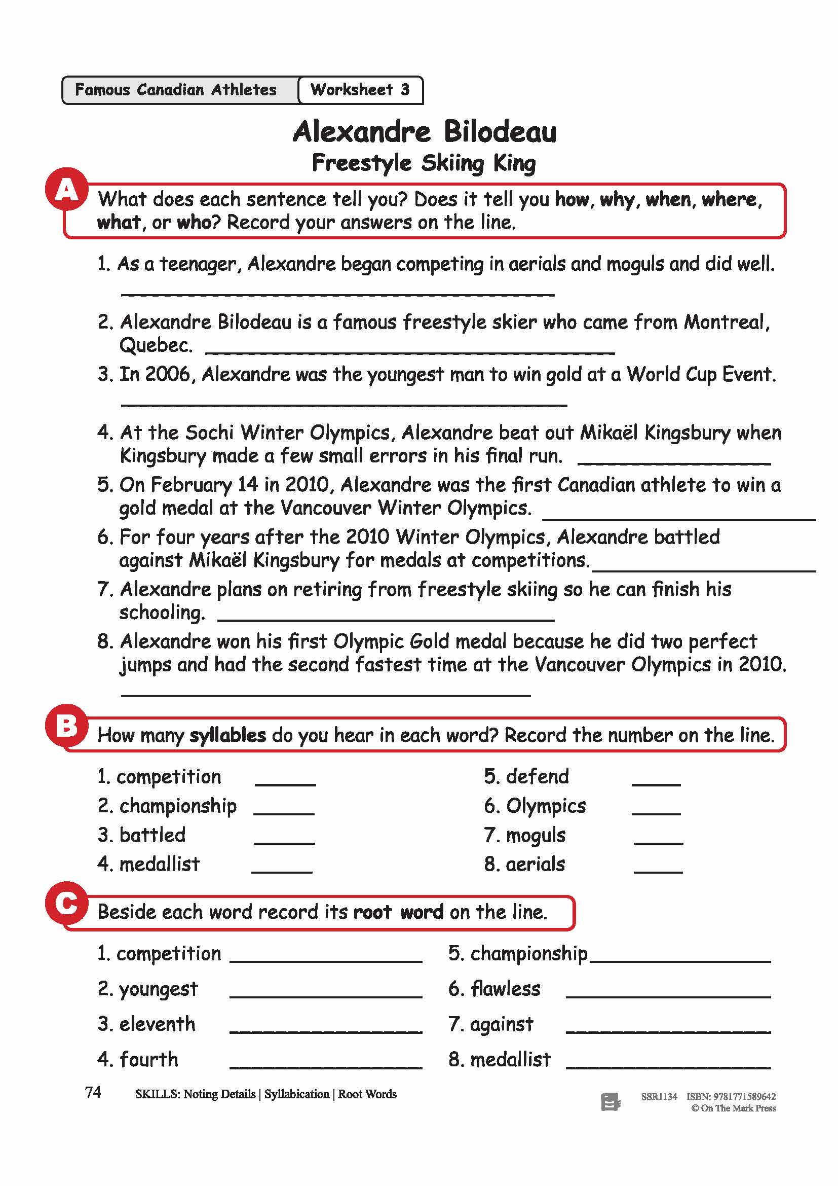 Alexandre Bilodeau - Freestyle Skiing King Reading Lesson Grades 3-4