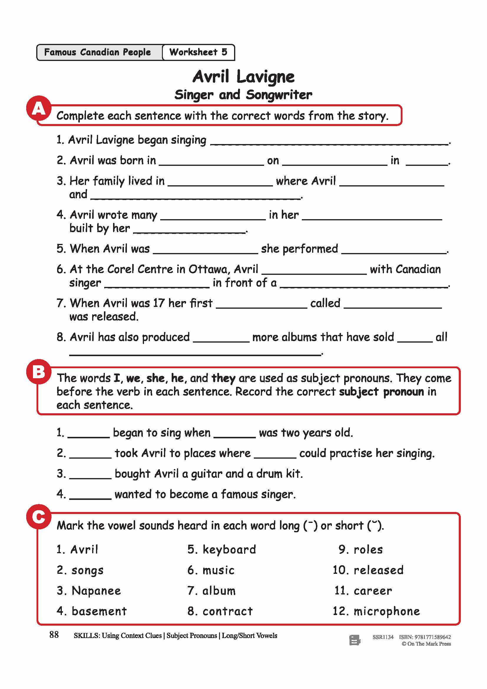 Avril Lavigne - Singer & Songwriter Reading Lesson Grades 3-4