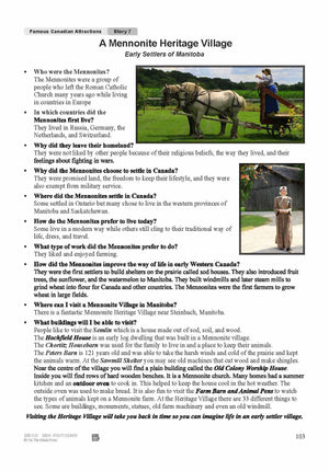 A Mennonite Heritage Village: Early Settlers of Manitoba Reading Lesson Grades 4-5