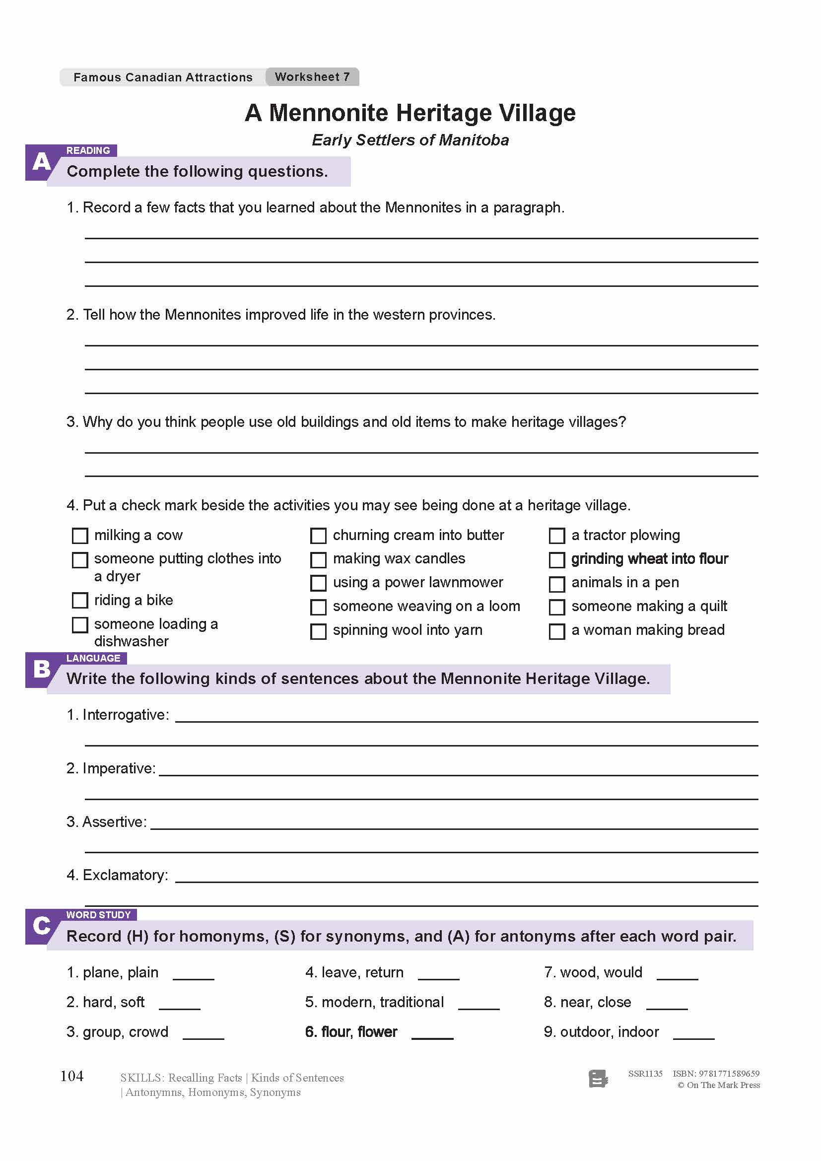 A Mennonite Heritage Village: Early Settlers of Manitoba Reading Lesson Grades 4-5