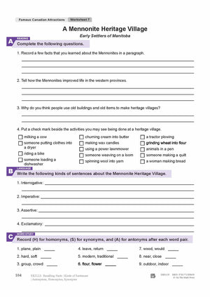 A Mennonite Heritage Village: Early Settlers of Manitoba Reading Lesson Grades 4-5
