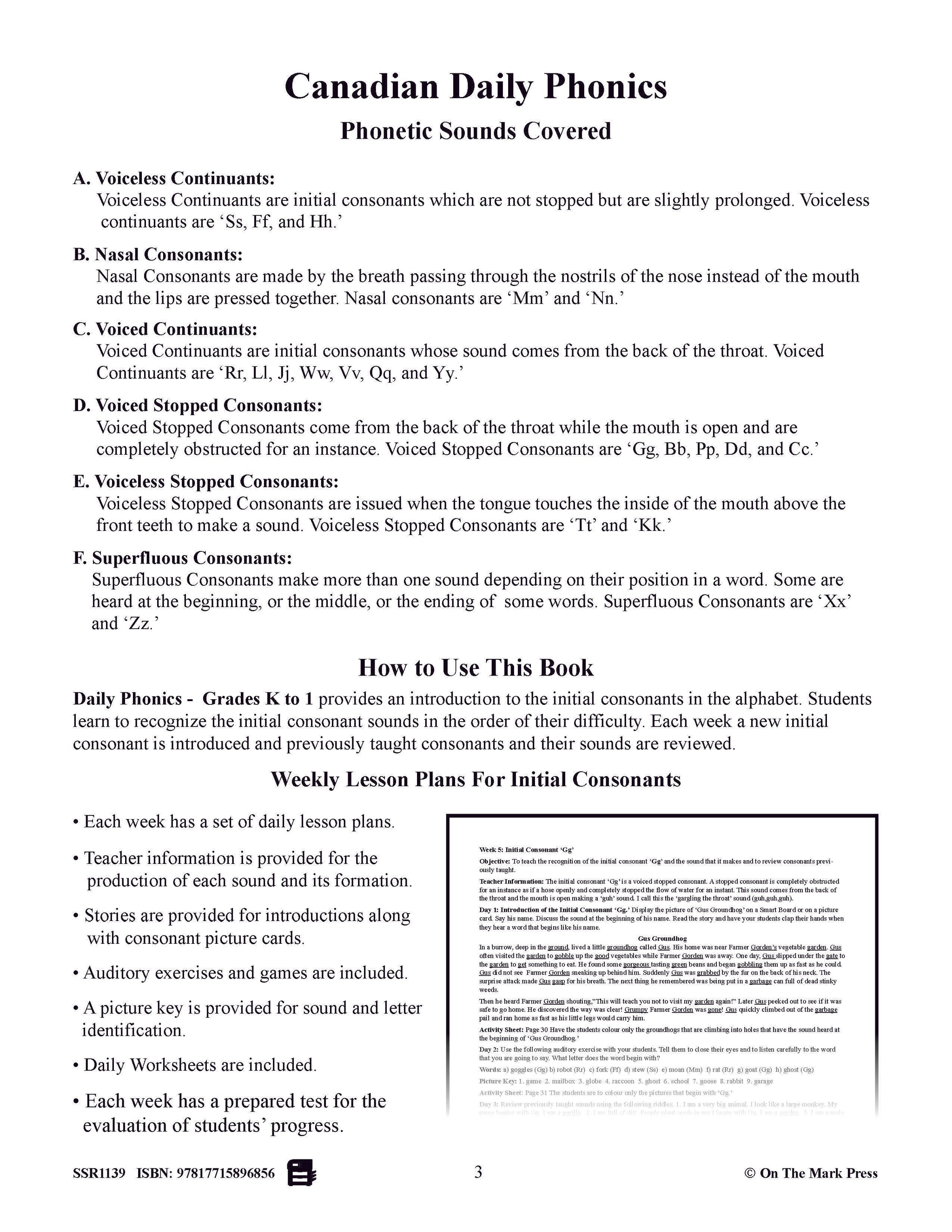 Canadian Daily Phonics Grades K-1 - Initial Consonants