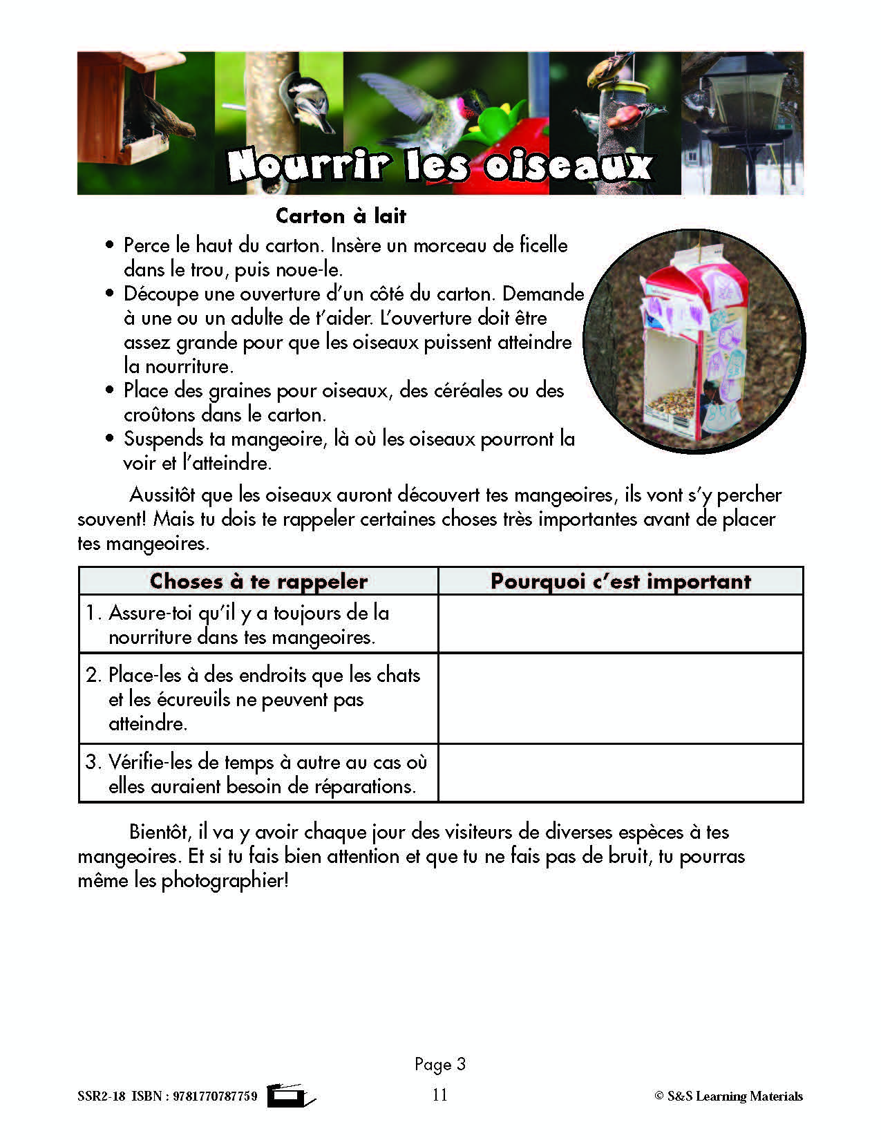 C'est un fait : « Nourrir les oiseaux » 4e année