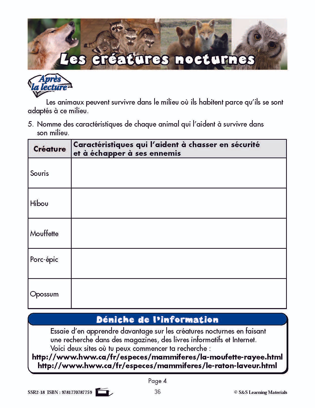 C'est un fait :  « Les créatures nocturnes » 4e année