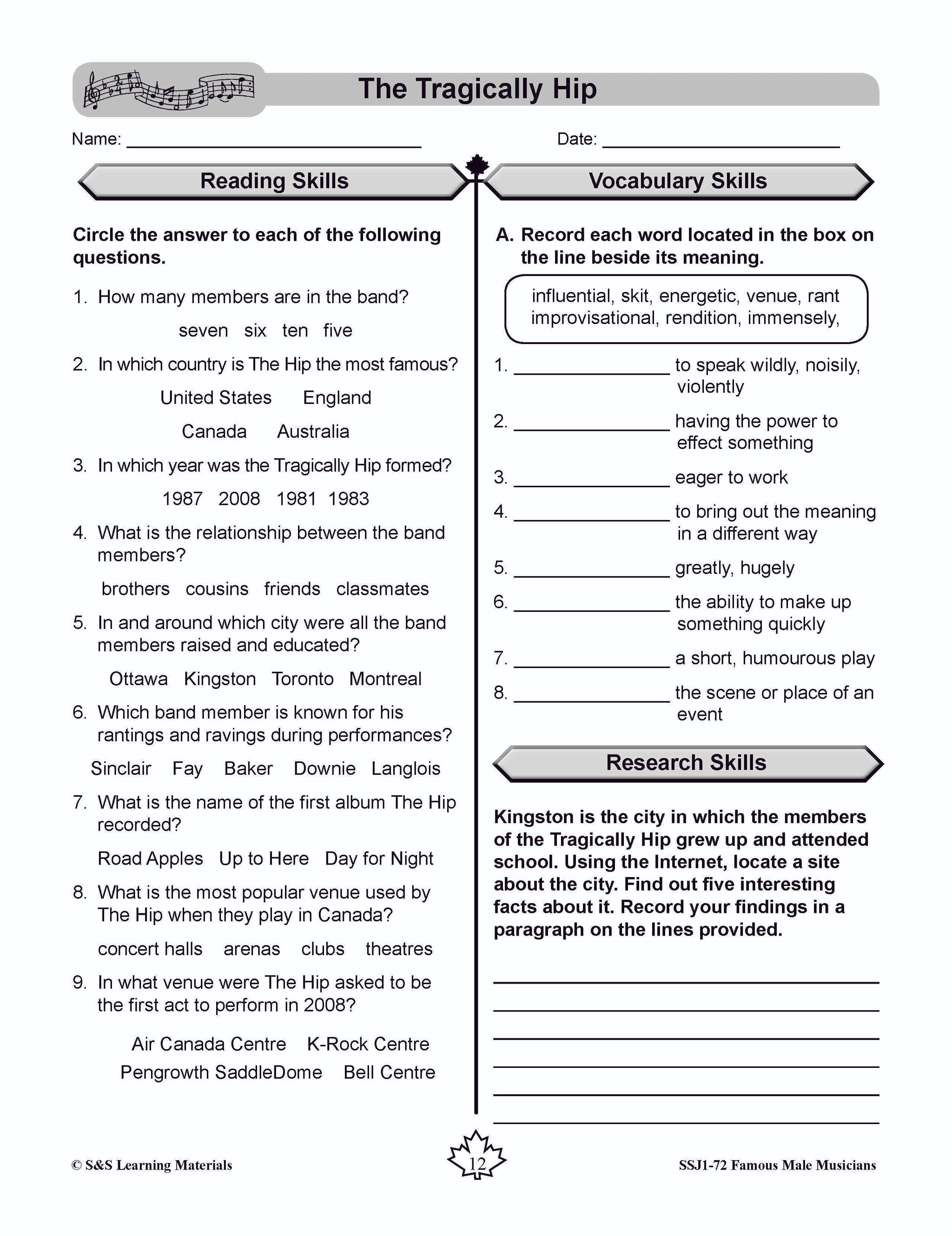 Famous Canadian Male Musicians Non Fiction Reading Grades 4-8