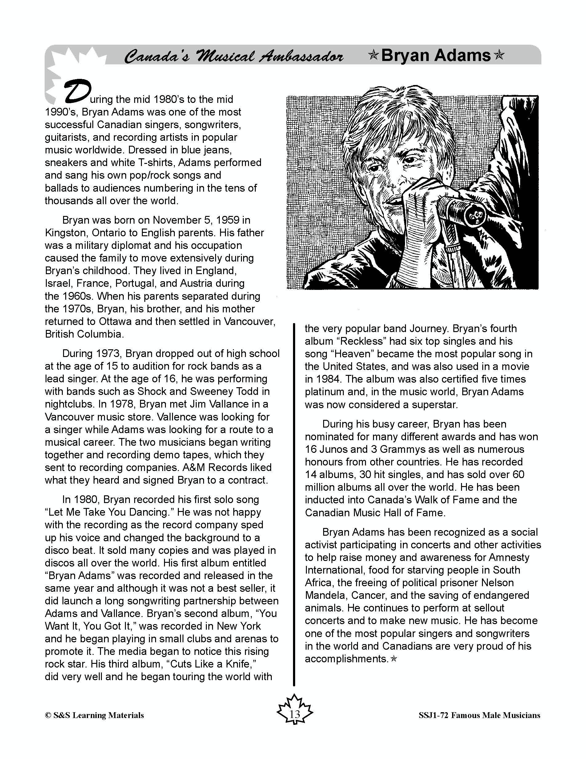 Famous Canadian Male Musicians Non Fiction Reading Grades 4-8