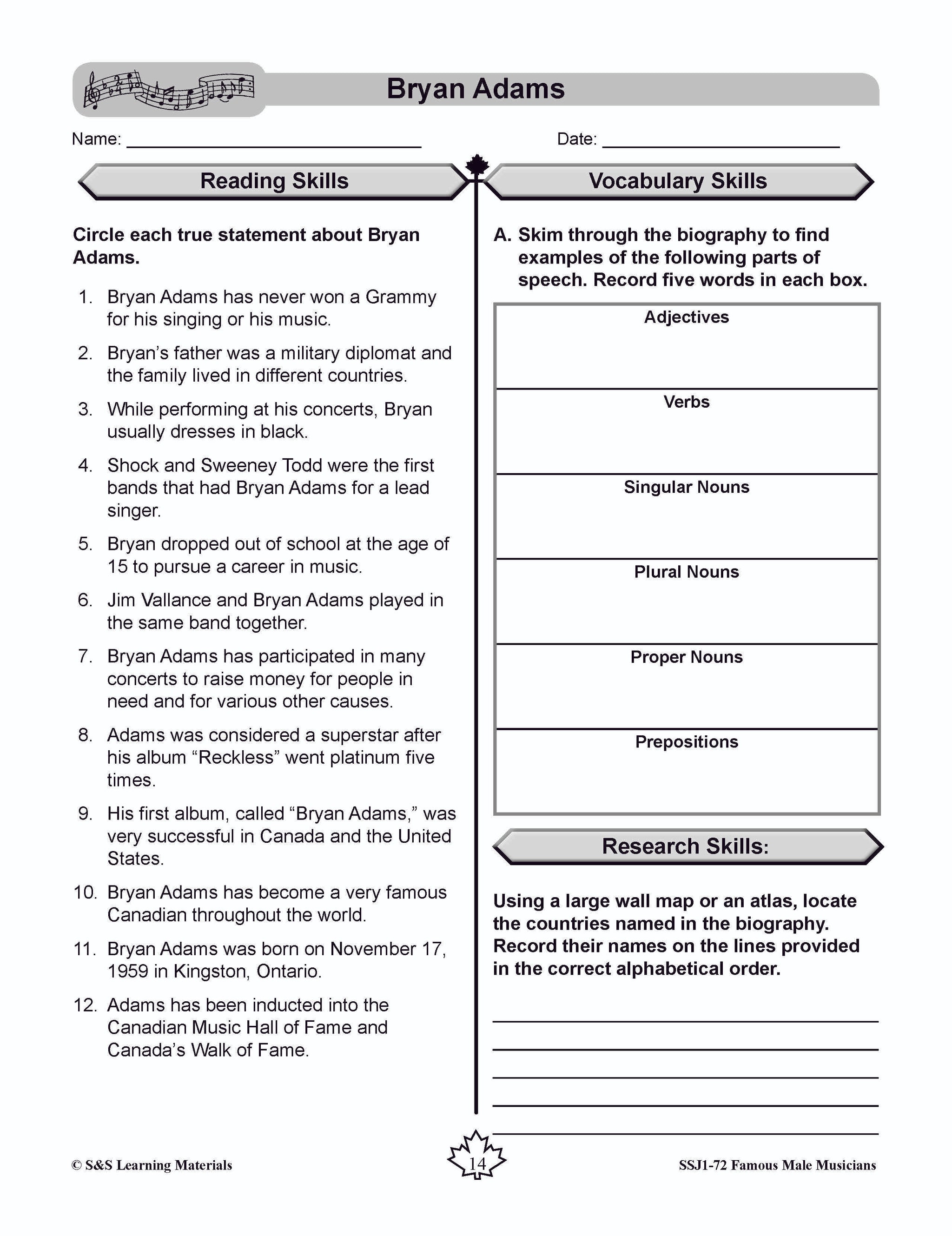 Famous Canadian Male Musicians Non Fiction Reading Grades 4-8