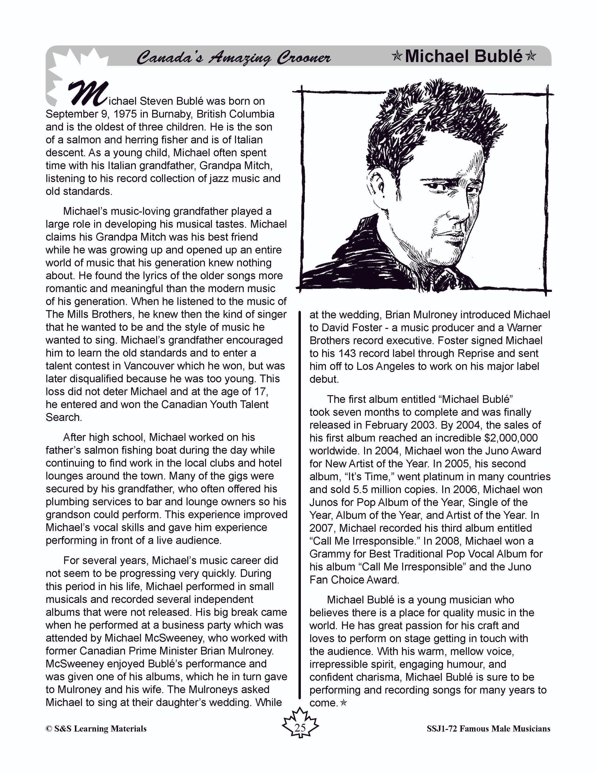 Famous Canadian Male Musicians Non Fiction Reading Grades 4-8