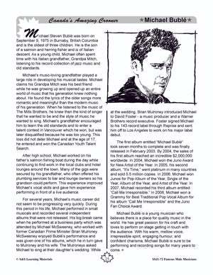 Famous Canadian Male Musicians Non Fiction Reading Grades 4-8