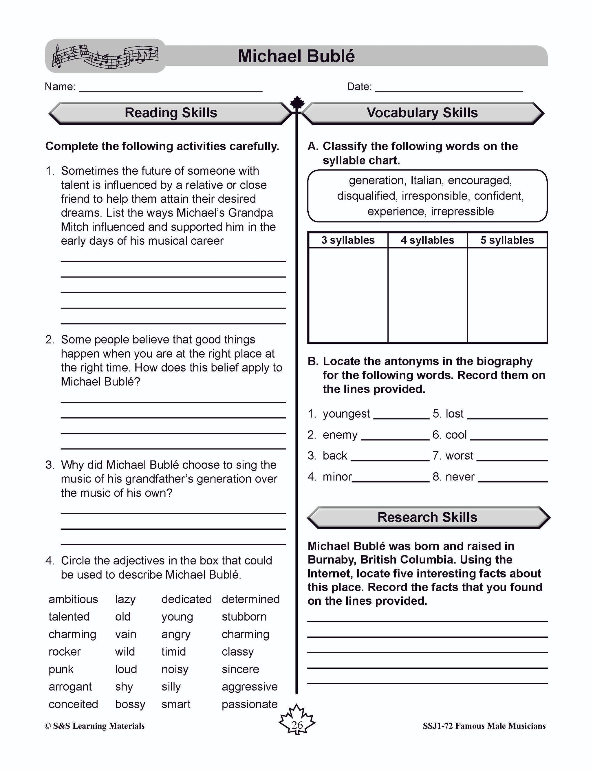 Famous Canadian Male Musicians Non Fiction Reading Grades 4-8