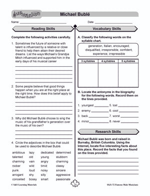 Famous Canadian Male Musicians Non Fiction Reading Grades 4-8
