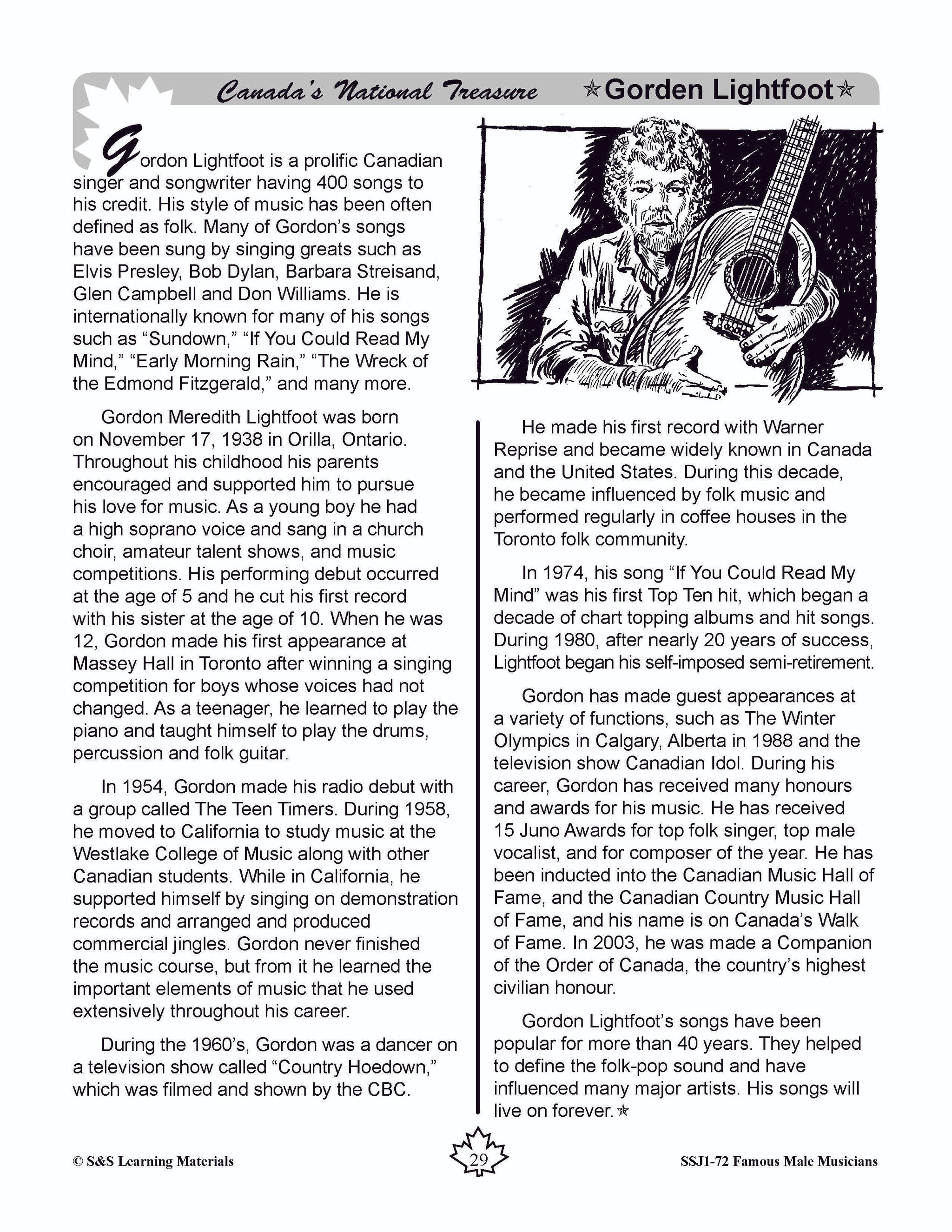 Famous Canadian Male Musicians Non Fiction Reading Grades 4-8