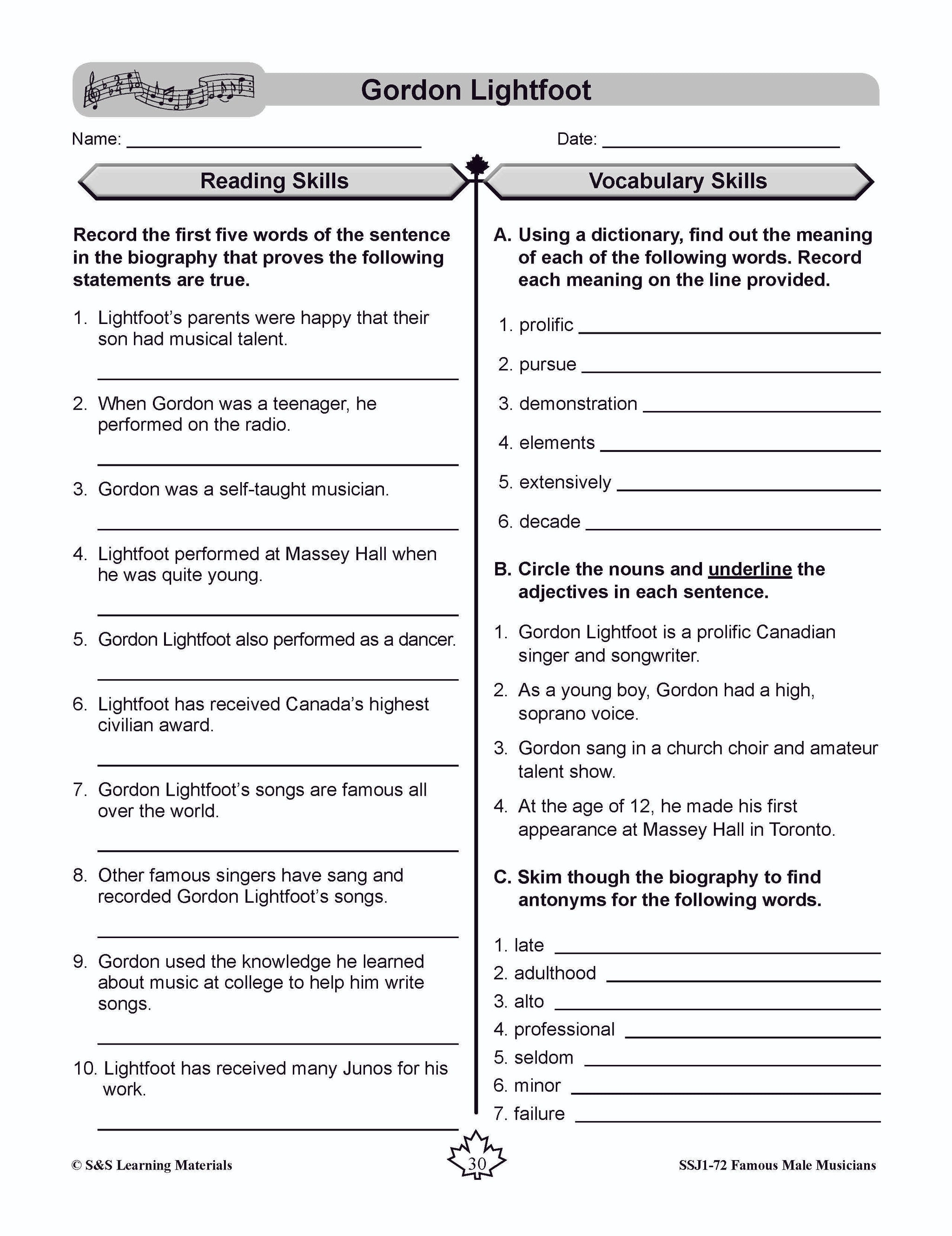 Famous Canadian Male Musicians Non Fiction Reading Grades 4-8