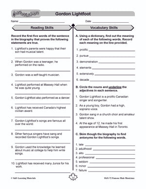 Famous Canadian Male Musicians Non Fiction Reading Grades 4-8