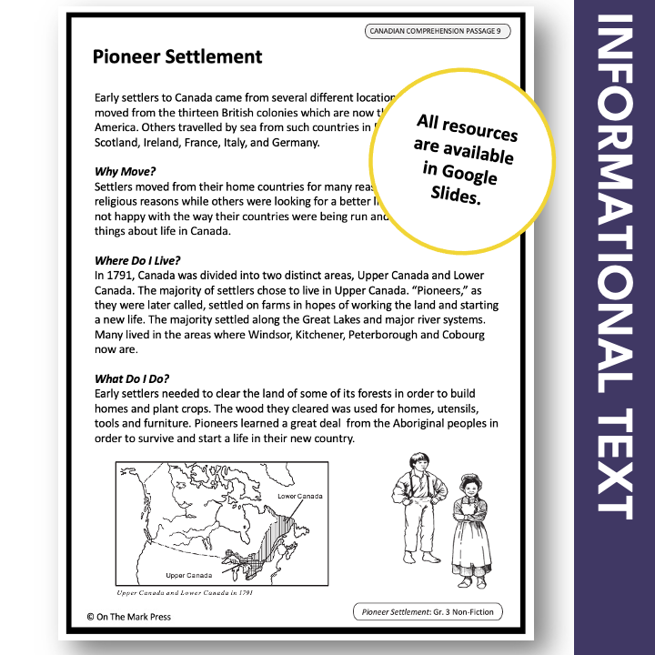 Pioneer Settlement:  A CDN Social Studies Reading Lesson Gr. 3-4 Google Slides
