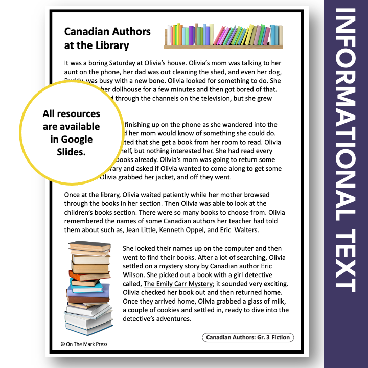 Canadian Authors at the Library: A Social Studies Reading Google Slide Lesson Gr. 3-4