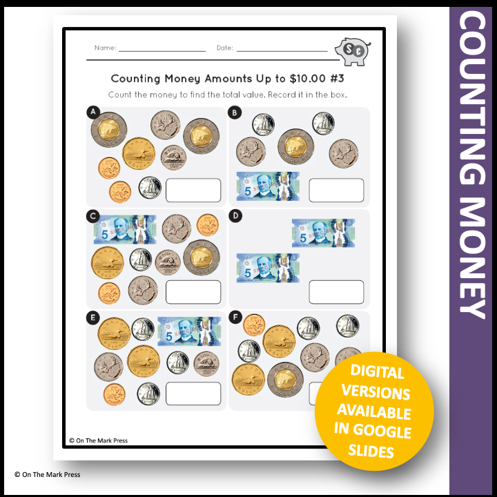 Counting Canadian Money Amounts Up to $10.00 Grade 3 Google Slides & Printables