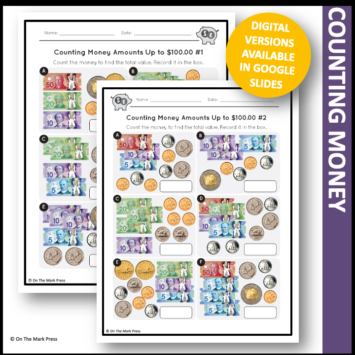 Counting Canadian Money Amounts Up to $100.00 Grade 4 Google Slides & Printables