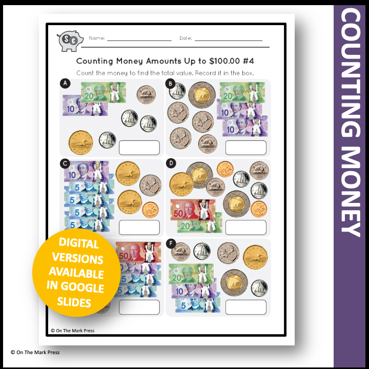Counting Canadian Money Amounts Up to $100.00 Grade 4 Google Slides & Printables