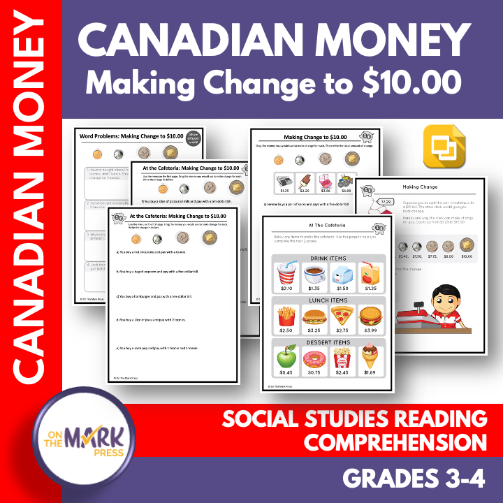 Making Change to $10 with Canadian Money Grades 3-4 Google Slides & Printables