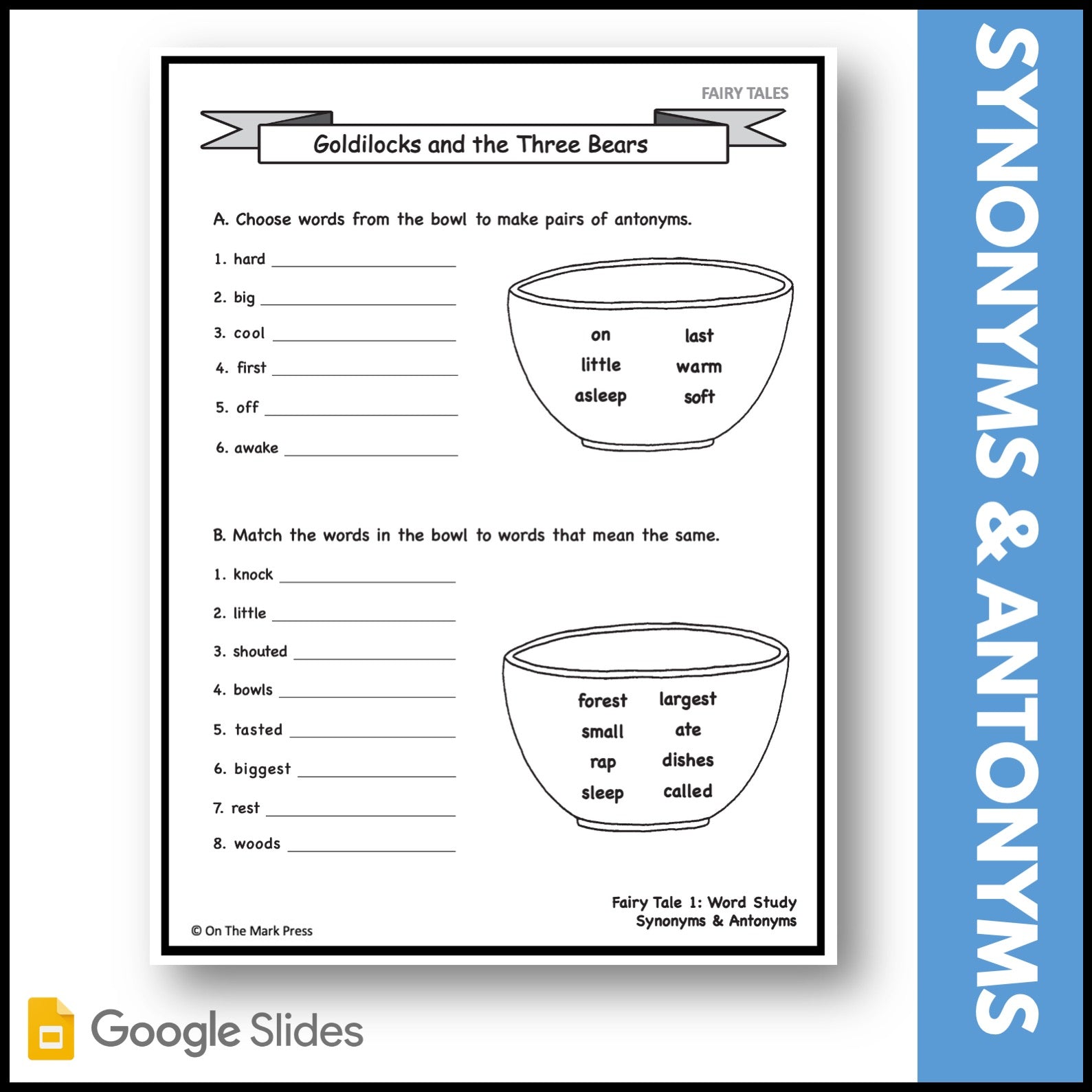 Goldilocks and the Three Bears Gr. 1-3 Google Slides & Printables