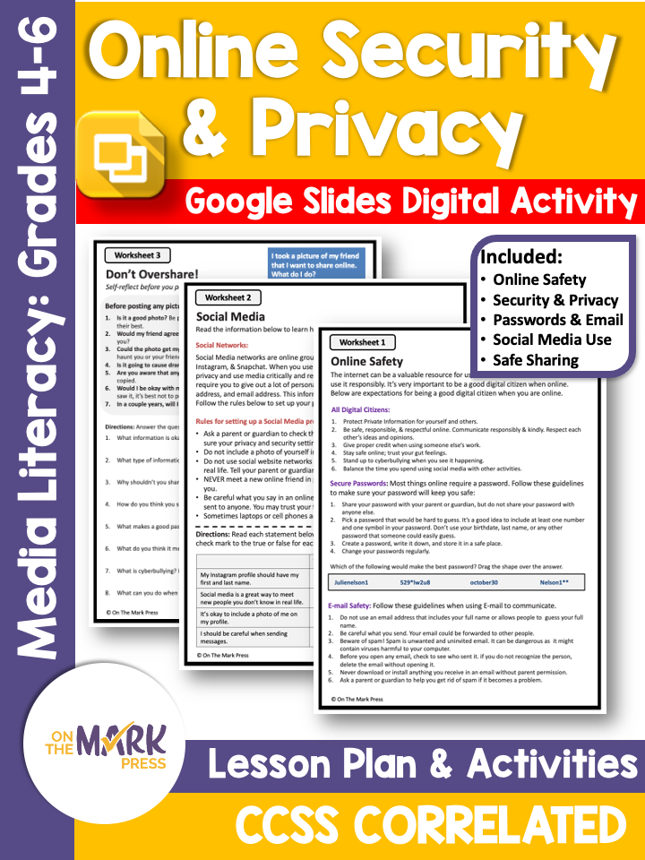Online Security & Privacy, Gr. 4-6 Google Slides & Printables - Distance Learning