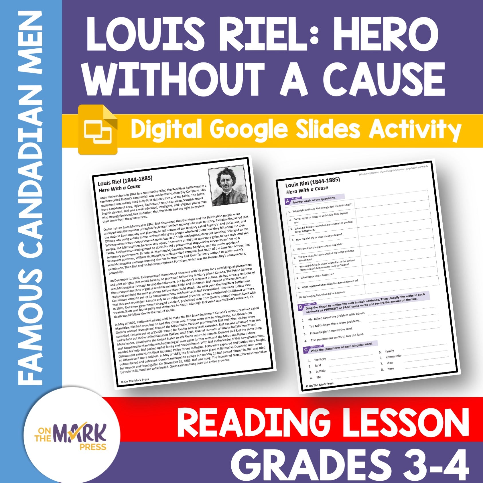 Louis Riel - Hero with a Cause Reading Lesson Gr 4-5 Google Slides & Printable PDF Distance Learning