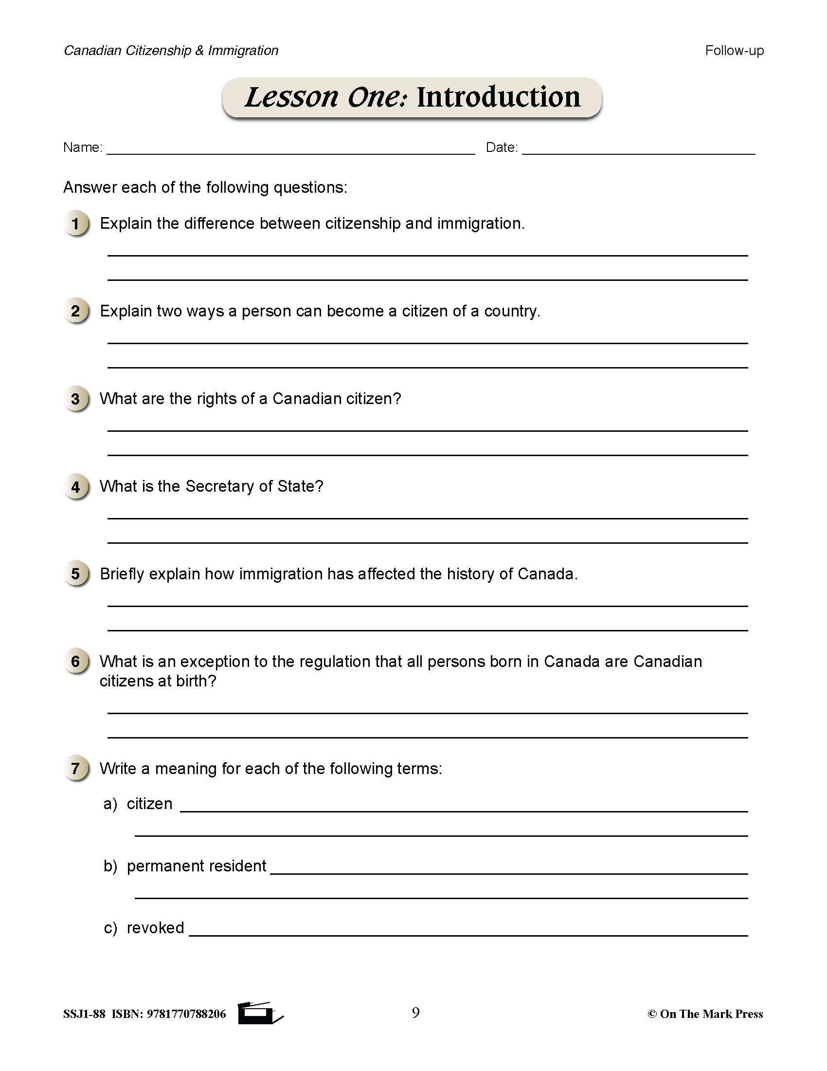 Canadian Citizenship and Immigration Lessons Grades 4-8