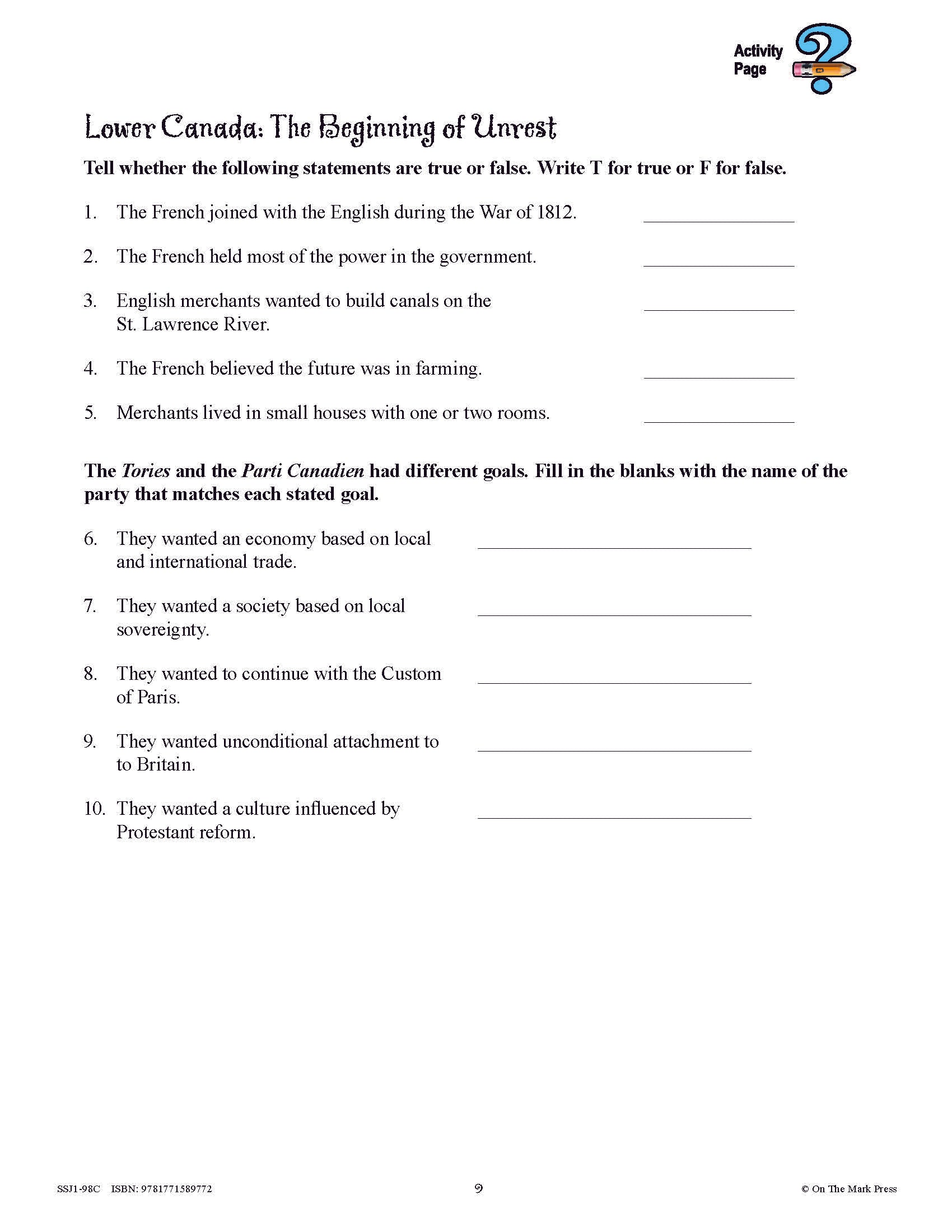 Conflicts & Challenges - Canada 1800-1850 Grade 7 - 10/pk HI/LO workbooks