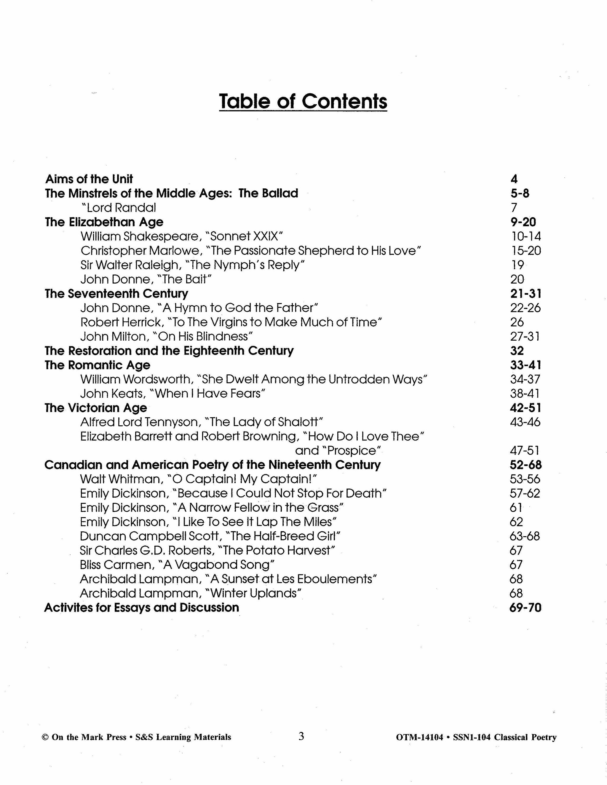 Classical Poetry from the Elizabethan Age to the Nineteenth Century Grades 7-12