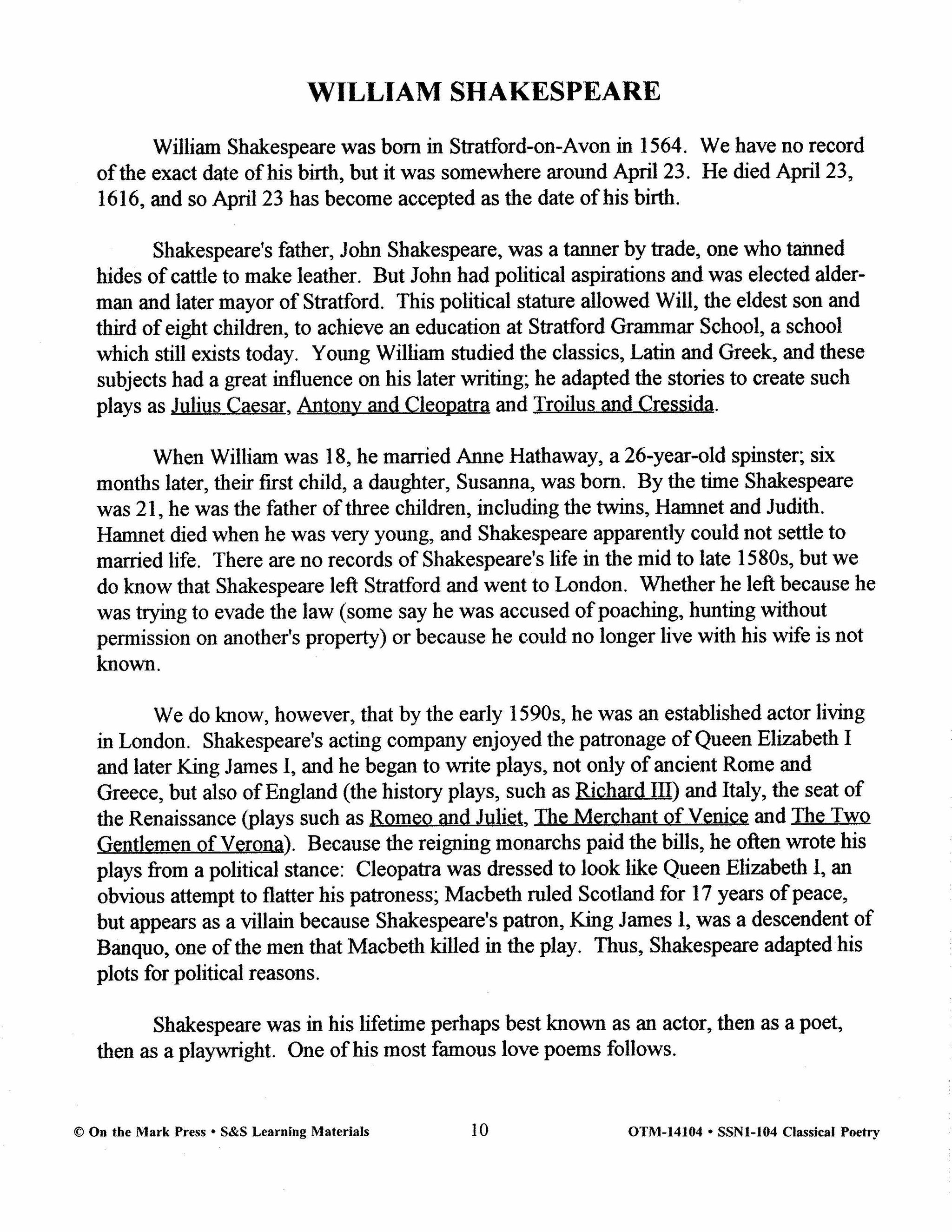 Classical Poetry from the Elizabethan Age to the Nineteenth Century Grades 7-12