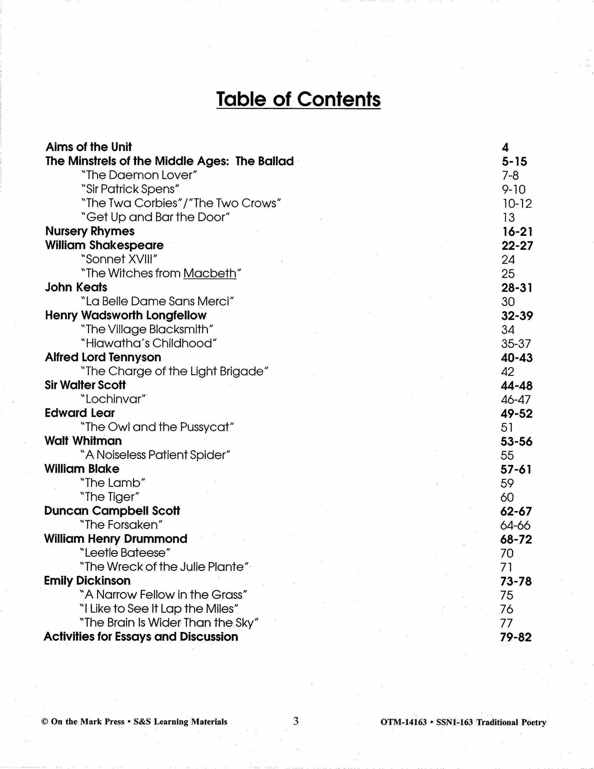 Traditional Poetry from the Fifteenth to the early Twentieth Century Grades 7-10