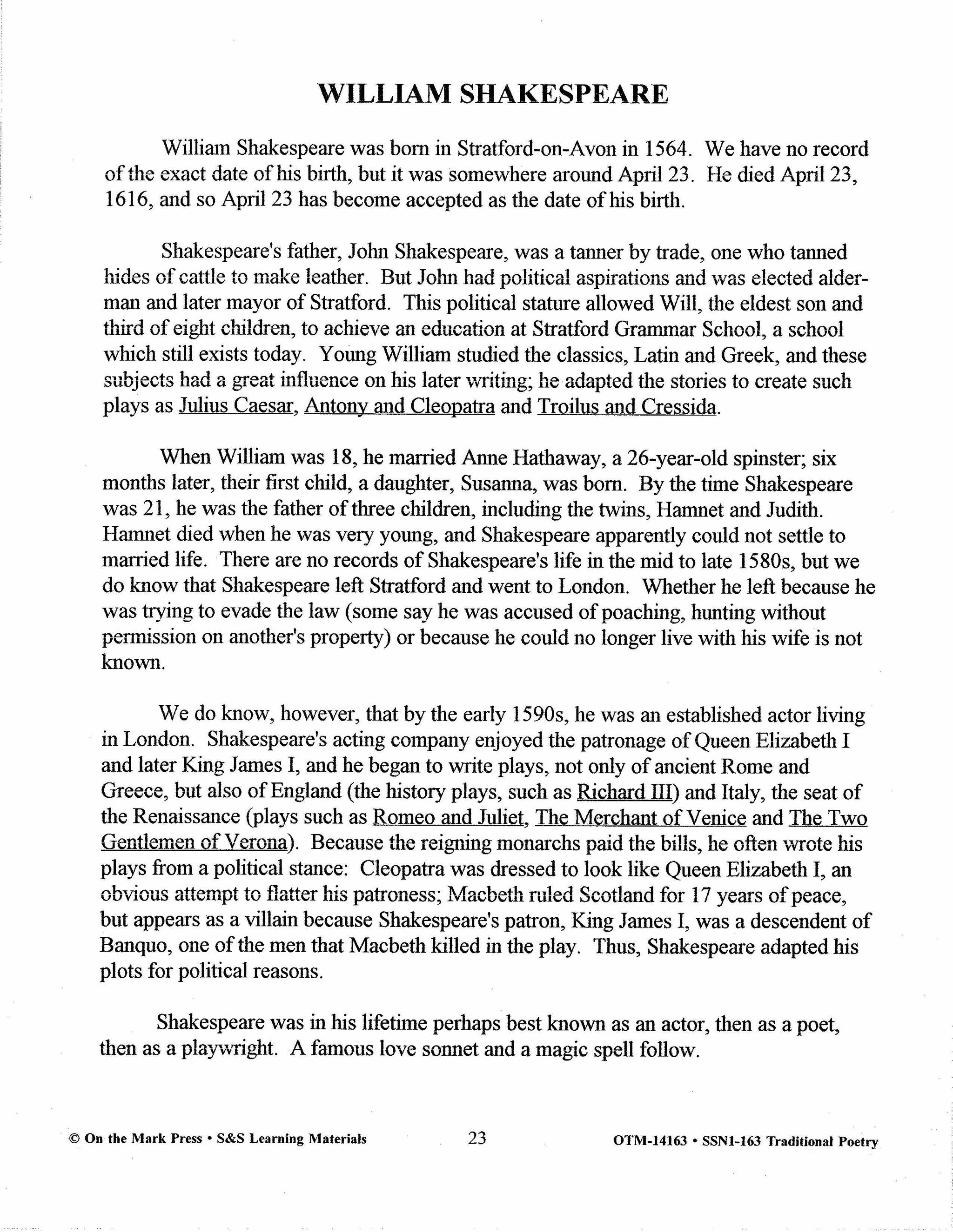 Traditional Poetry from the Fifteenth to the early Twentieth Century Grades 7-10